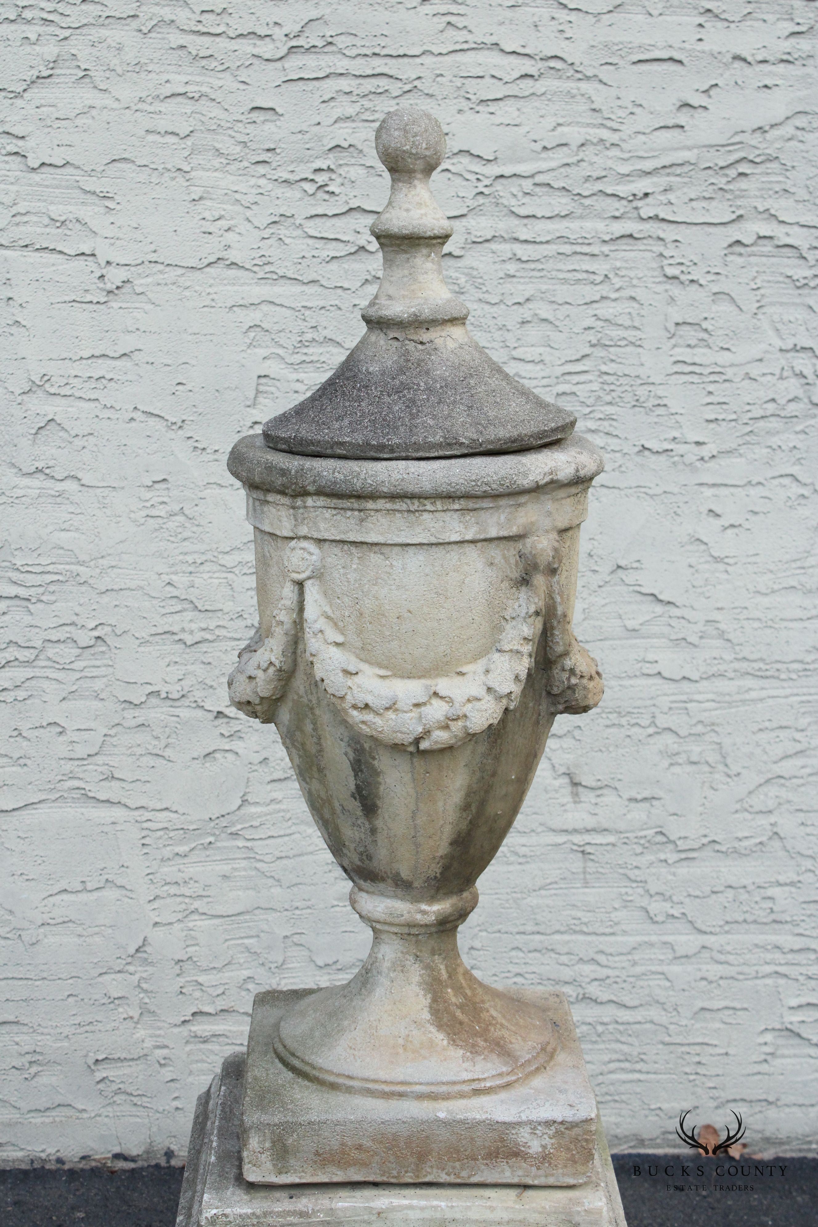 Pair Of Neoclassical Style Cast Stone Garden Urns On Pedestals