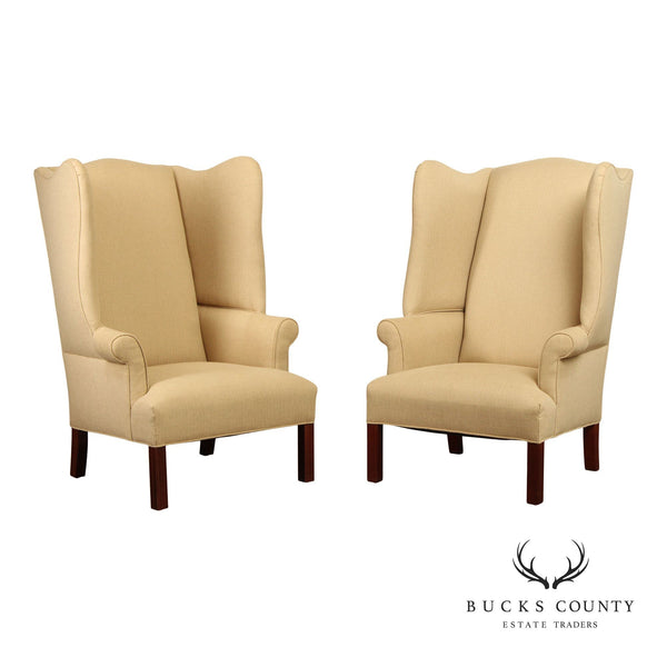 Chippendale Style Pair of Tall-Back Wing Chairs