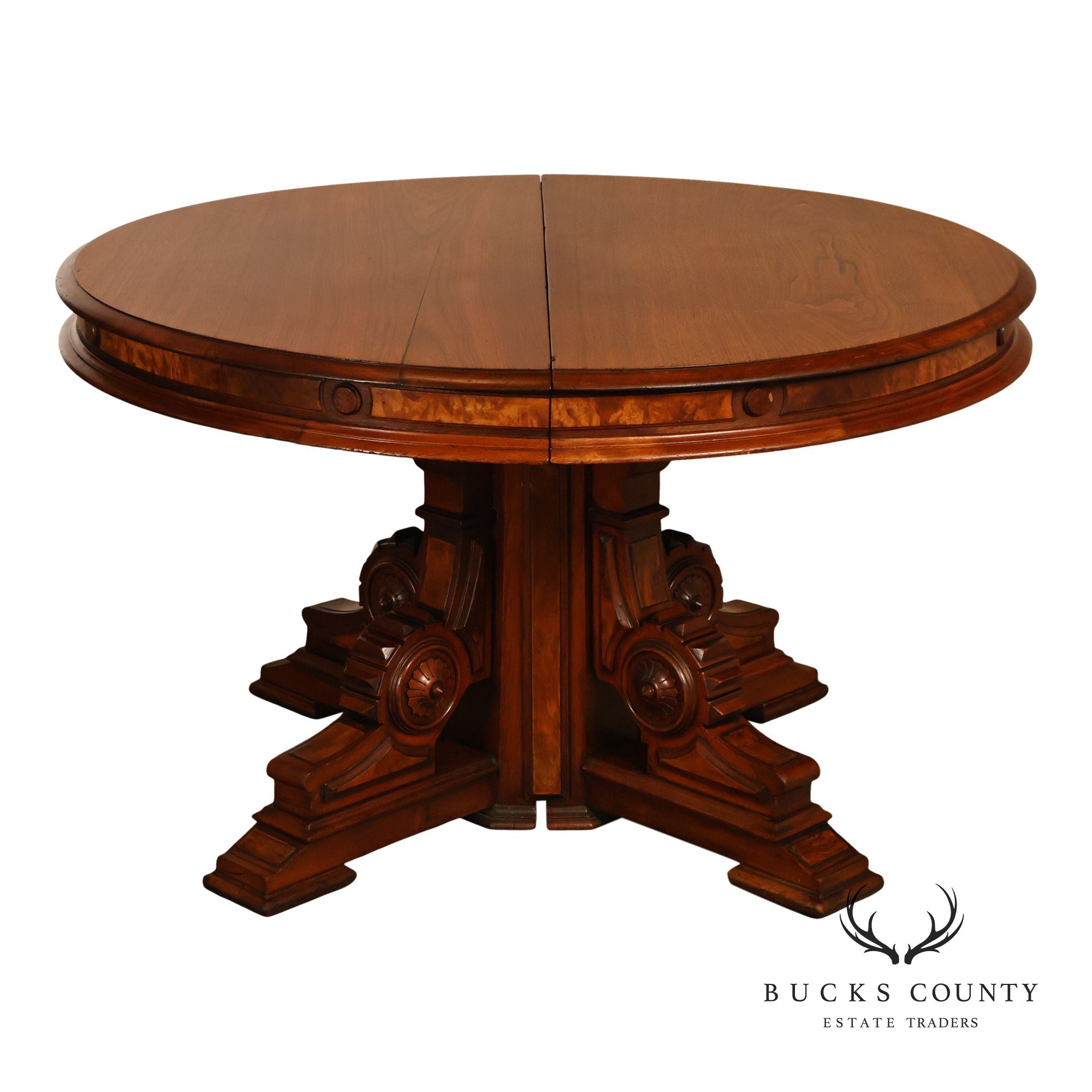 Antique Victorian Renaissance Revival Round Walnut Split Pedestal Extension Dining Table