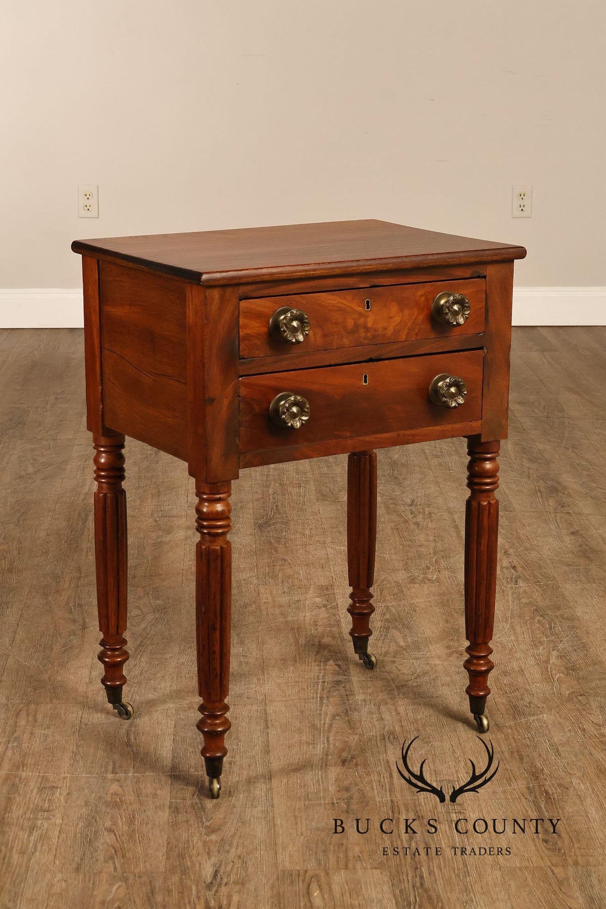 Antique American Sheraton Mahogany Two Drawer Work Table On Casters