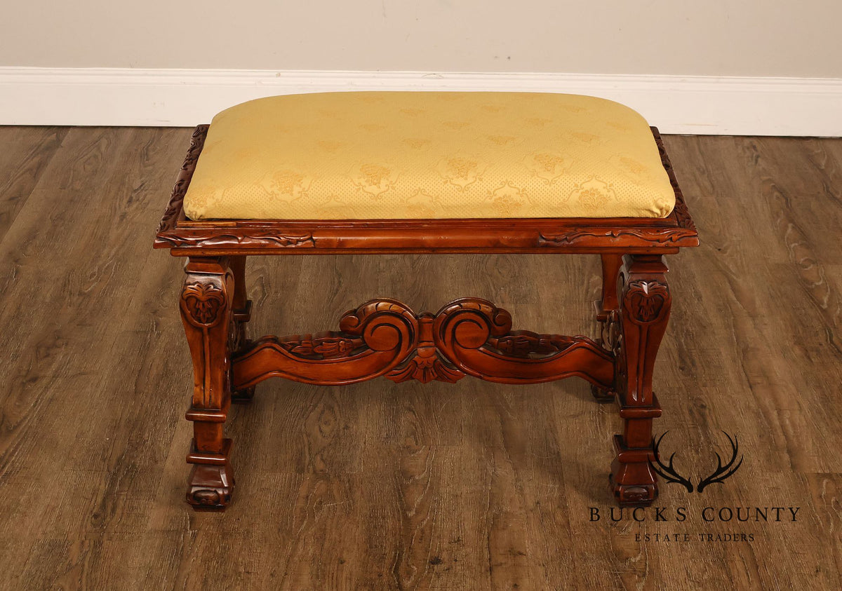 Victorian Style Carved Wood Upholstered Bench