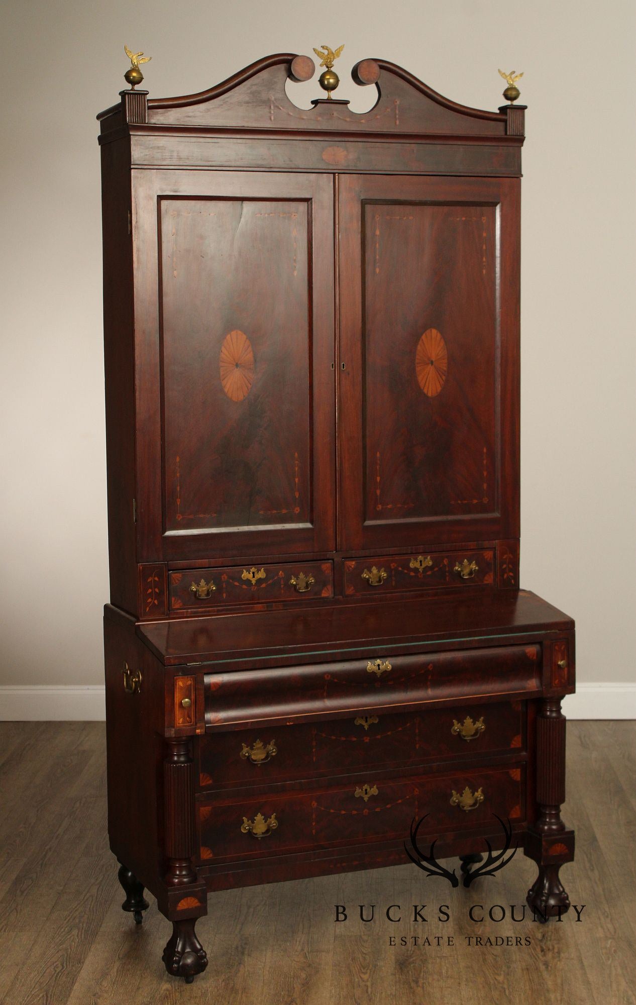 Antique Chippendale Inlaid Mahogany Secretary Bookcase