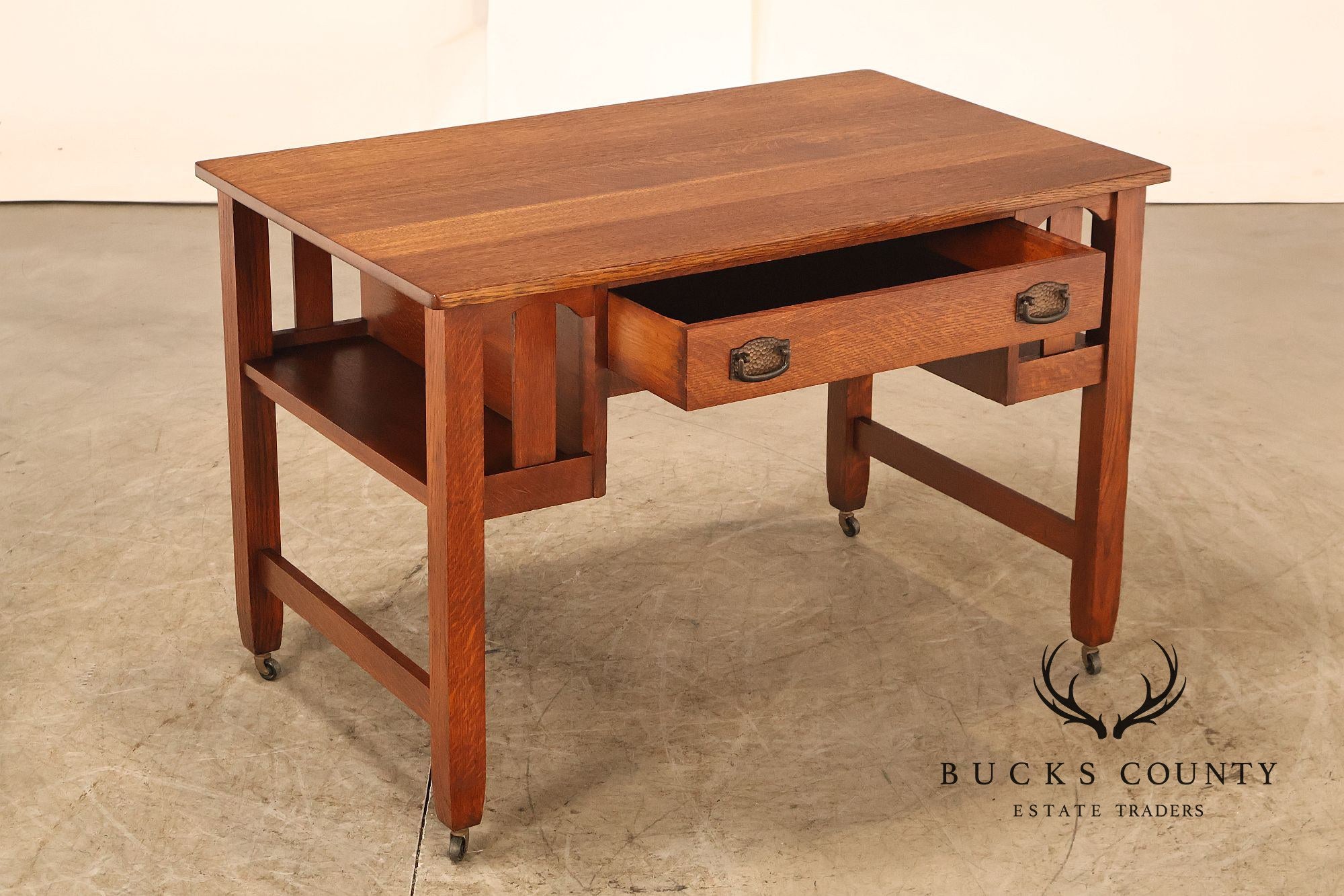 Antique Arts And Crafts Mission Oak Writing Desk With Built-In Side Bookcases