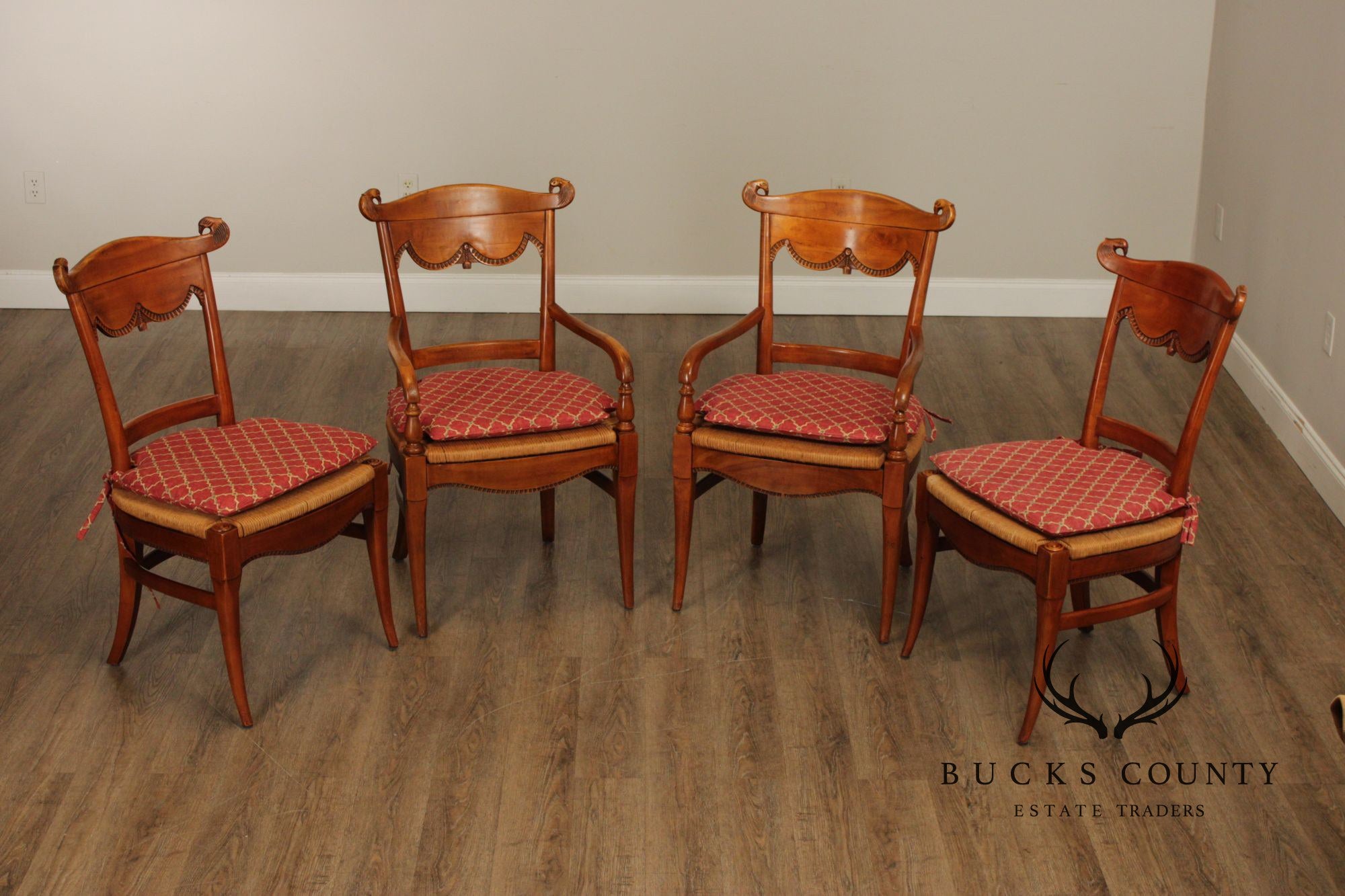 Federal Style Set of Four Eagle-Carved Rush Seat Dining Chairs