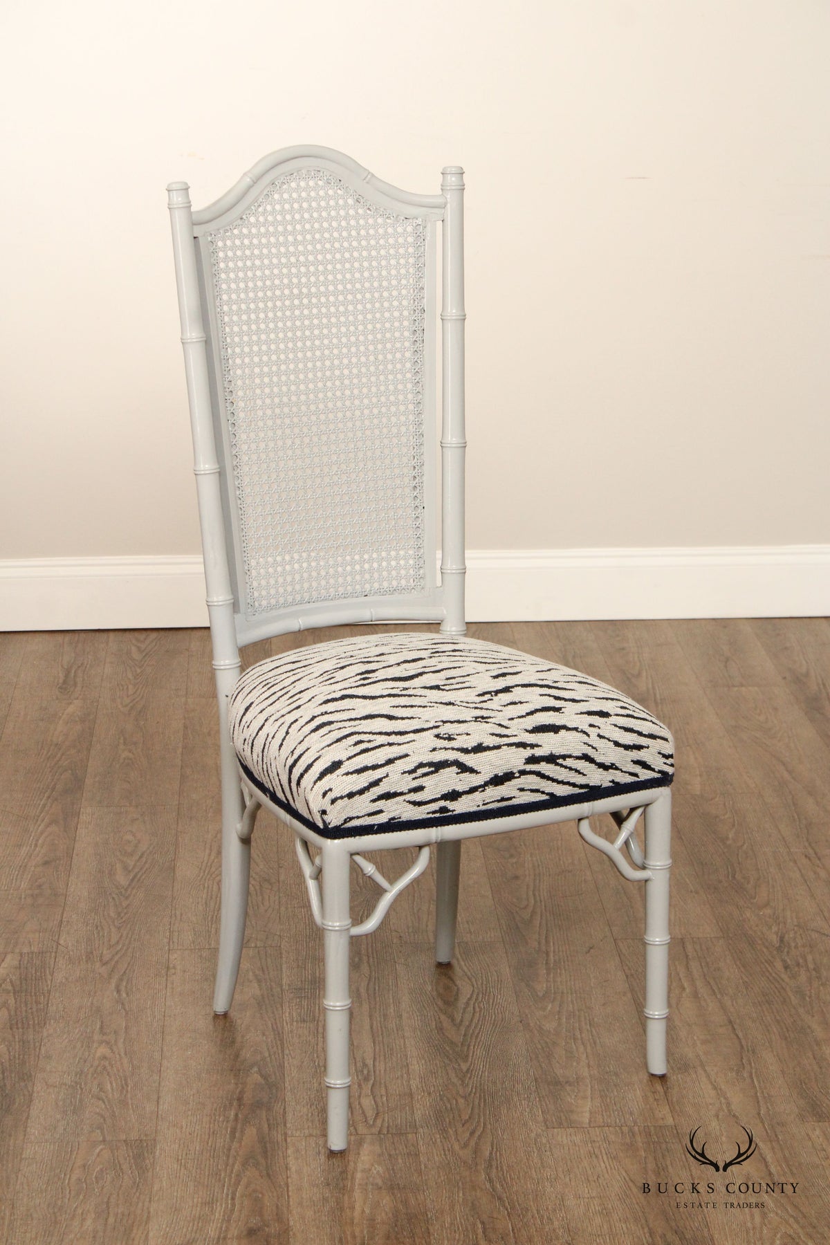 Hollywood Regency Set of Eight Faux Bamboo and Cane Dining Chairs
