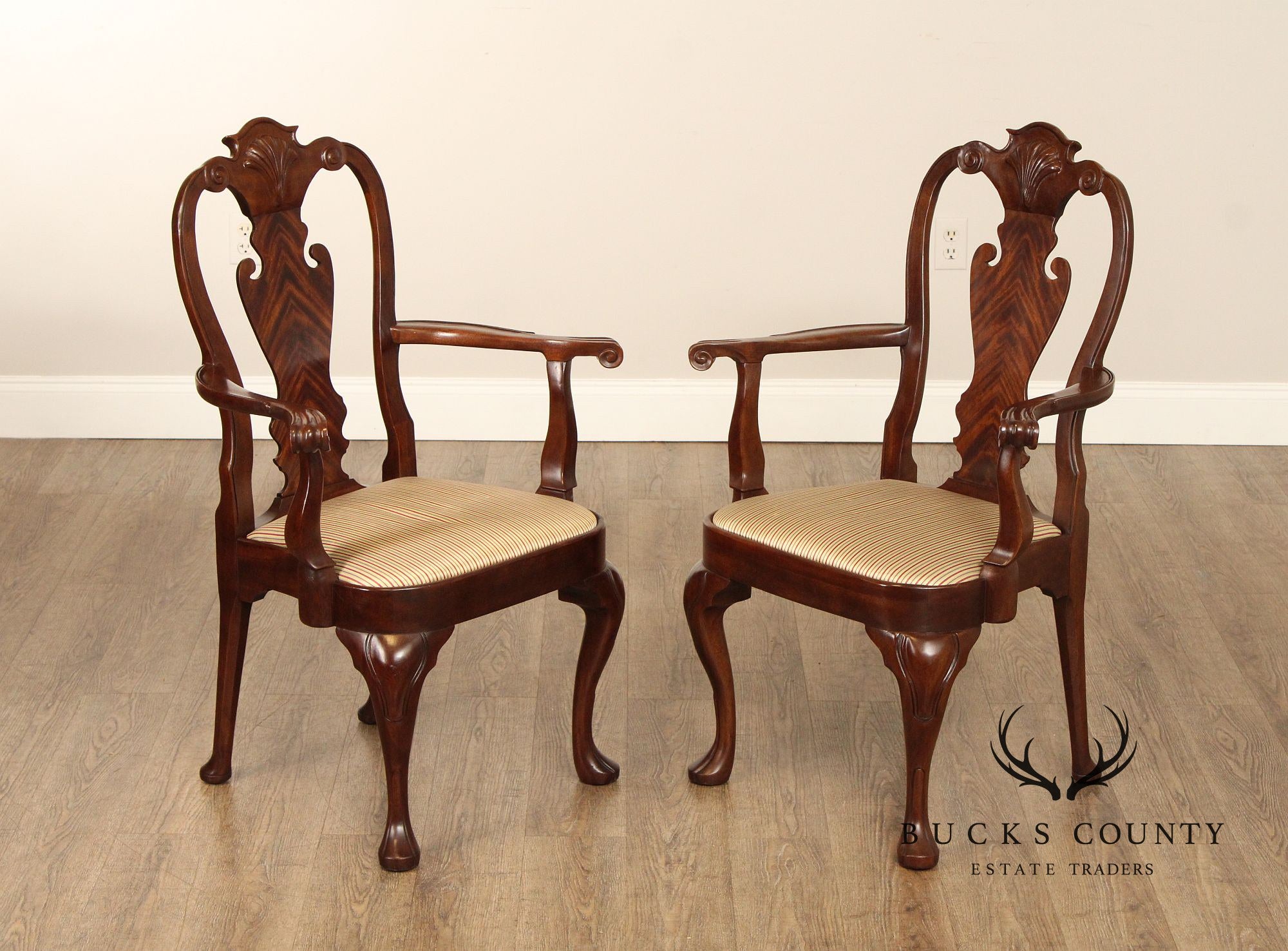 Queen Anne Style Pair of Carved Mahogany Armchairs