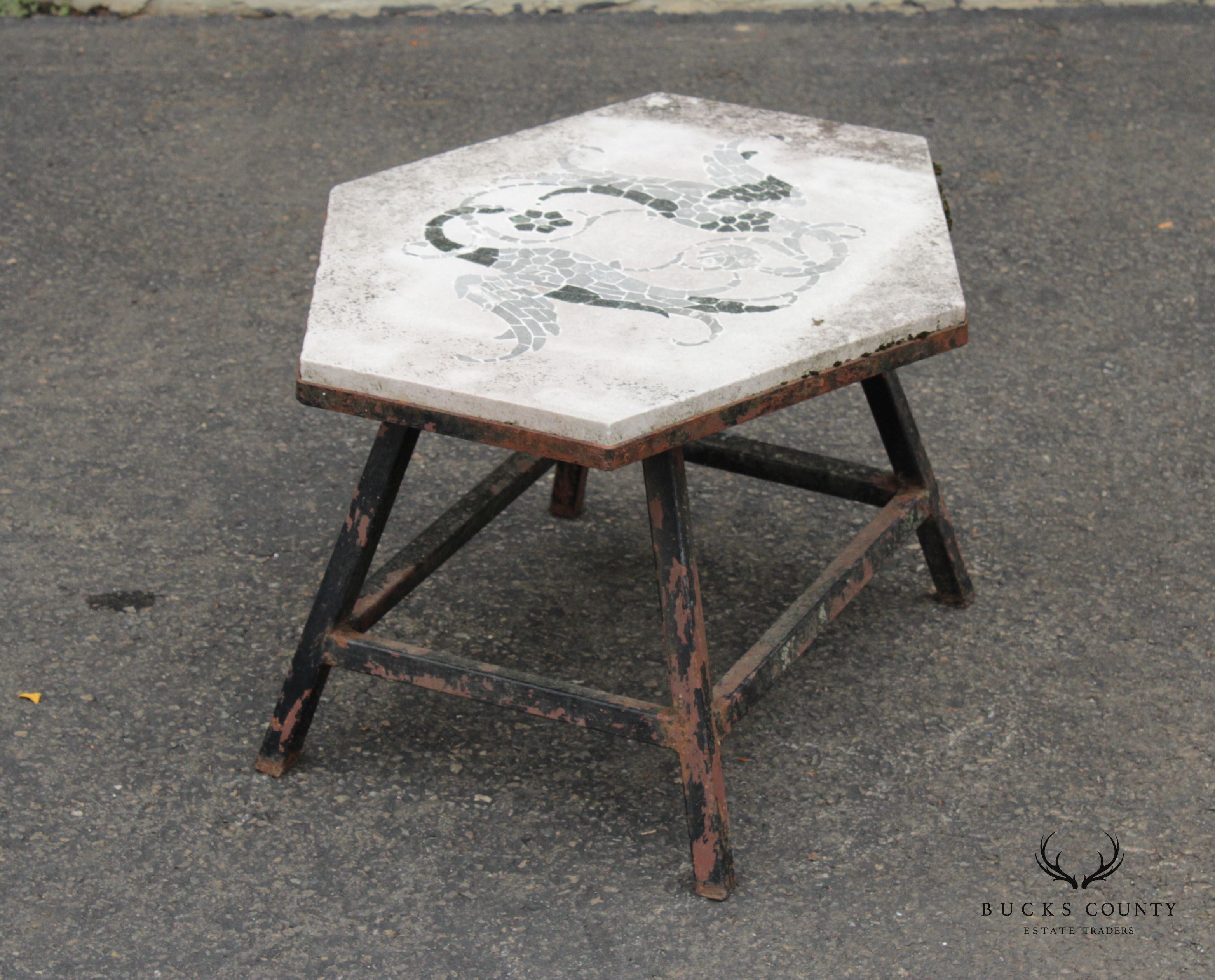 Vintage Iron and Mosaic Stone Outdoor Garden Side Table