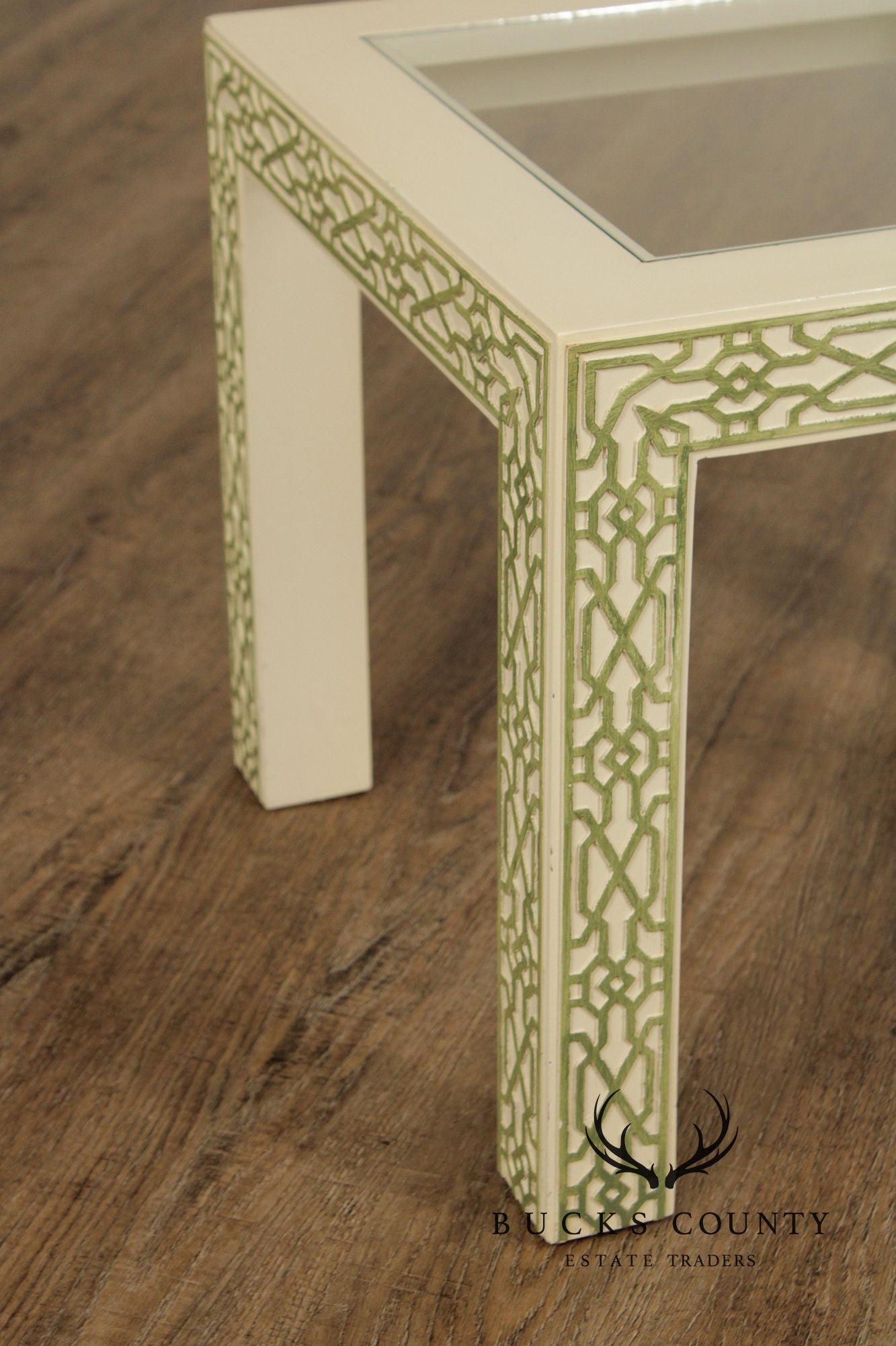 Hollywood Regency Pair Of Lacquered Greek Key Glass Top End Tables