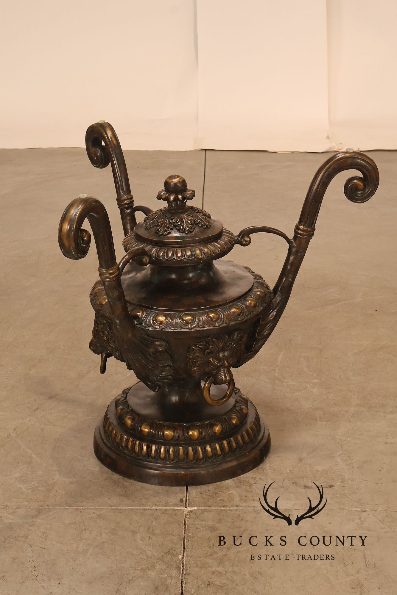 Monumental Brass Urn Form  Double Pedestal Glass Top Dining Table