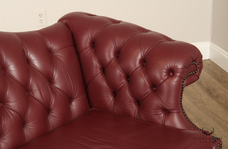 Chippendale Chesterfield Style Tufted Leather Camelback Sofa