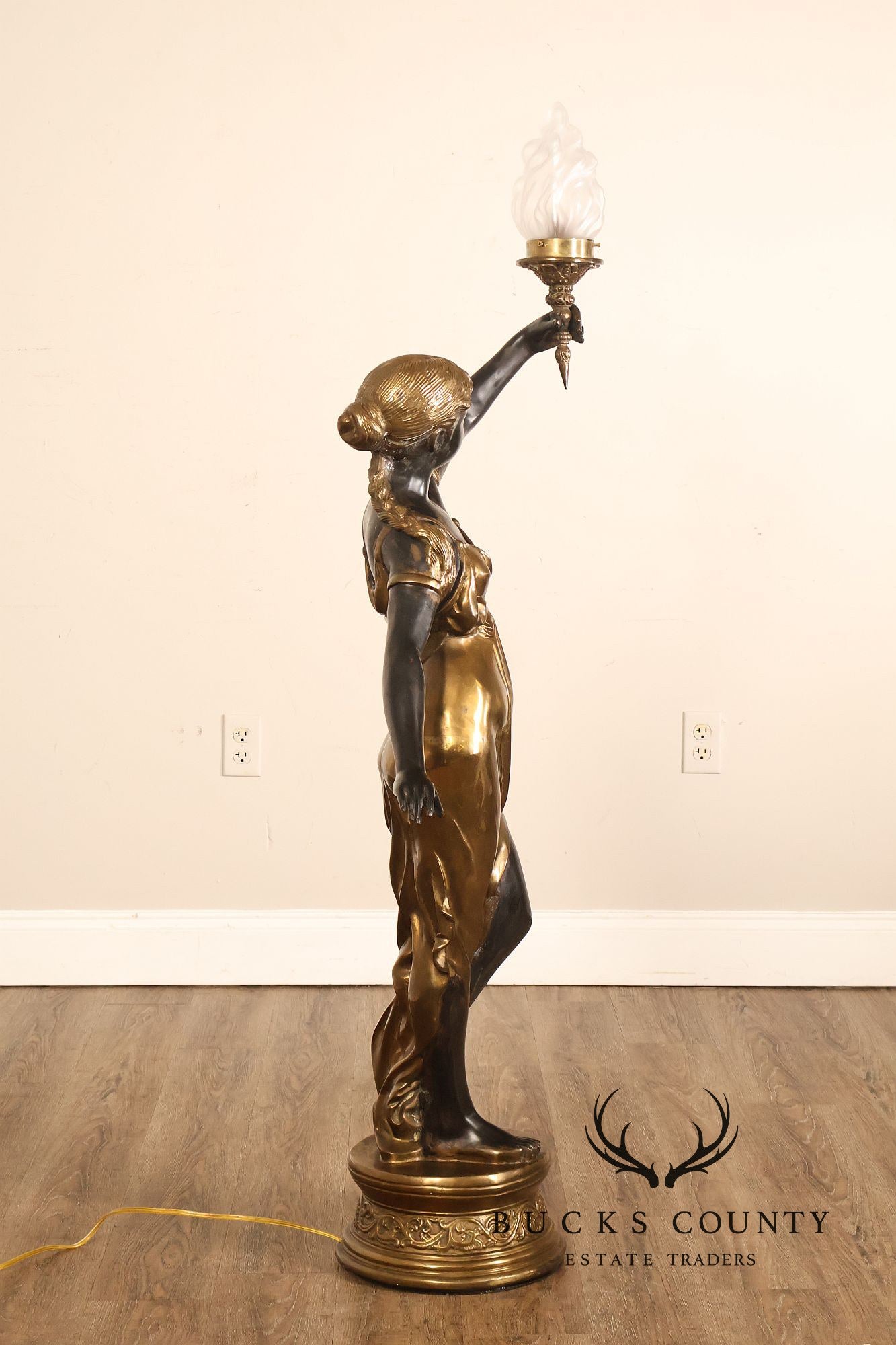 Neoclassical Style Pair Of Bronze Figural Torchere Floor Lamps