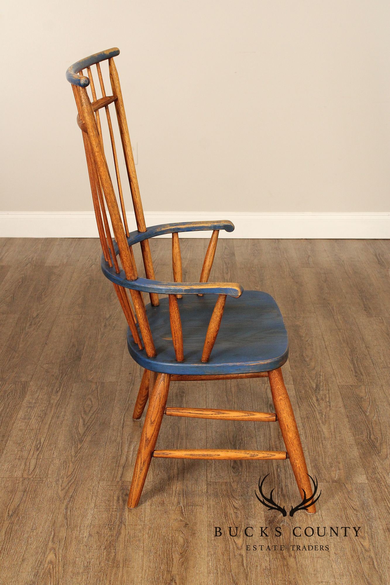 Early American Style Set of Four Oak Painted Windsor Armchairs