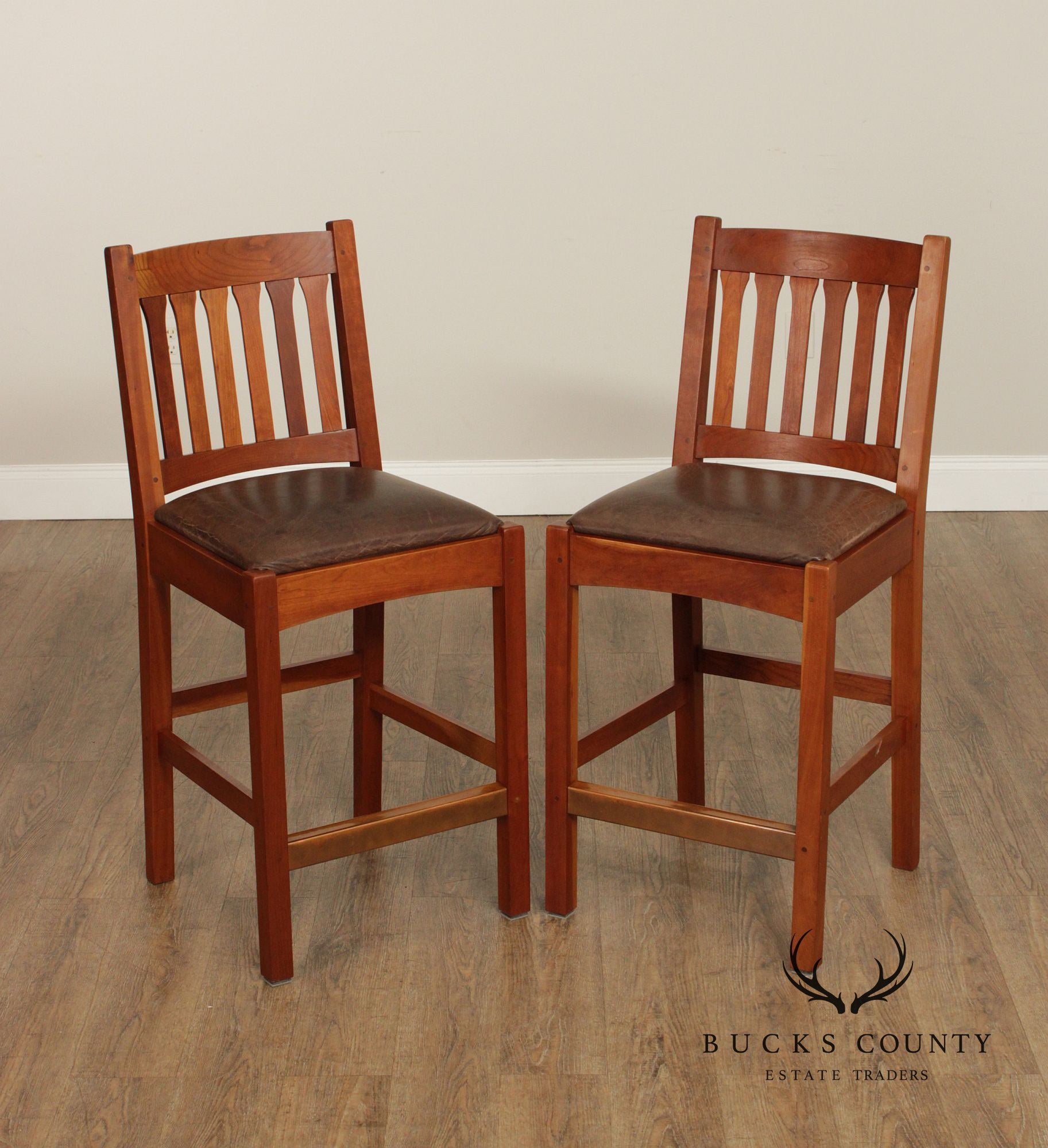 Stickley Mission Collection Pair of Cherry and Leather Slat Back Stools