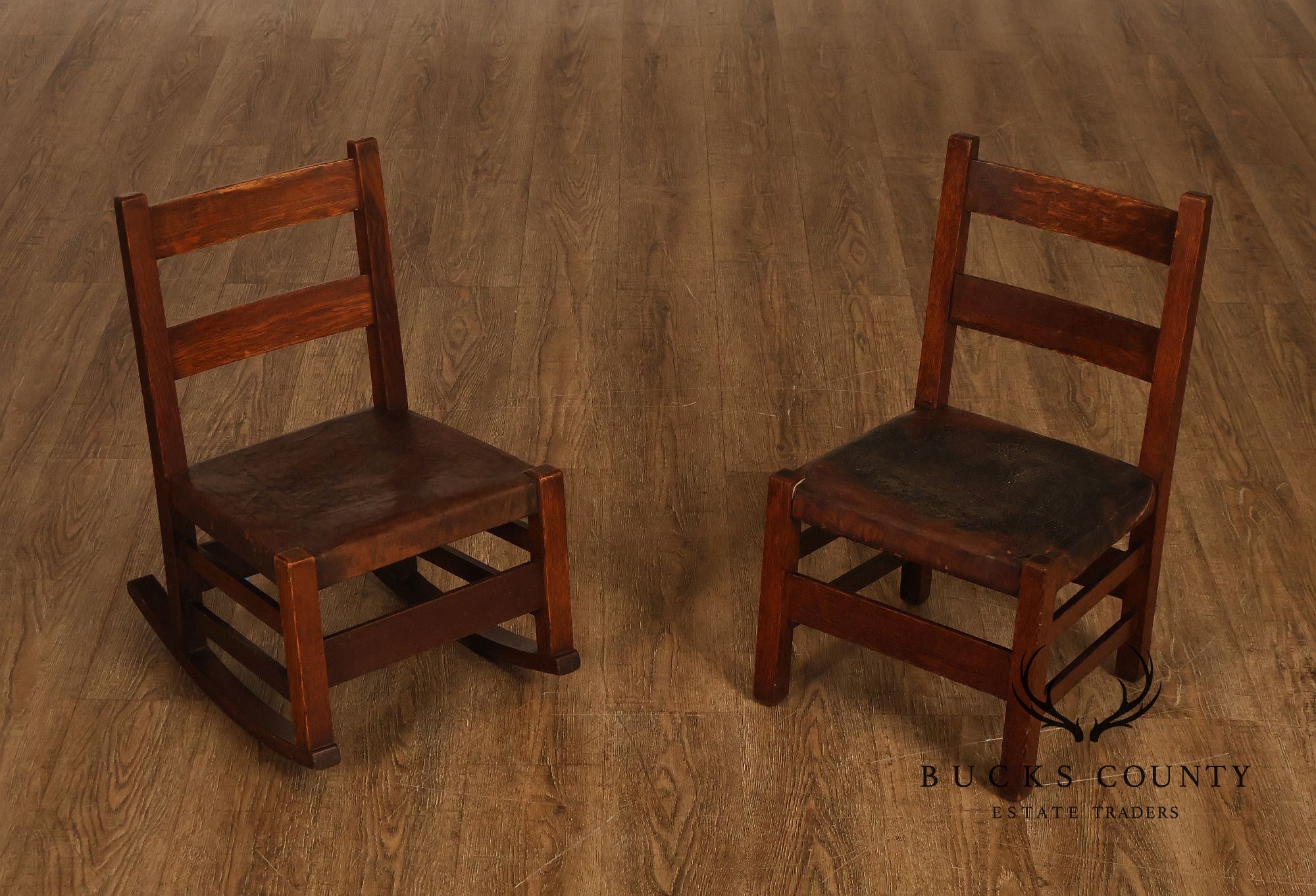 Antique Gustav Stickley Arts And Crafts Oak Child's Chair And Rocker