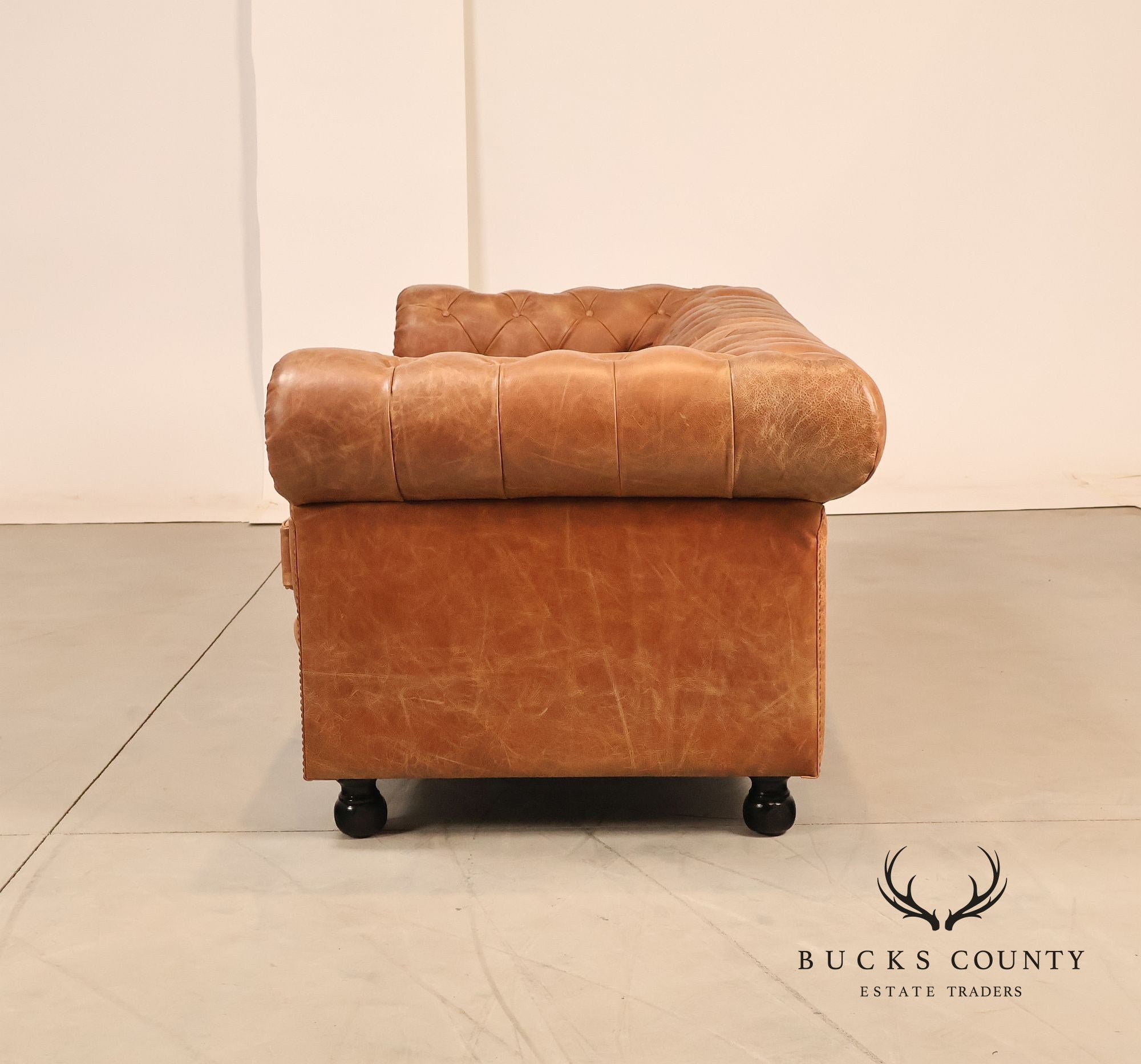 Chesterfield Style 7 Foot Distressed Brown Tufted Leather Sofa