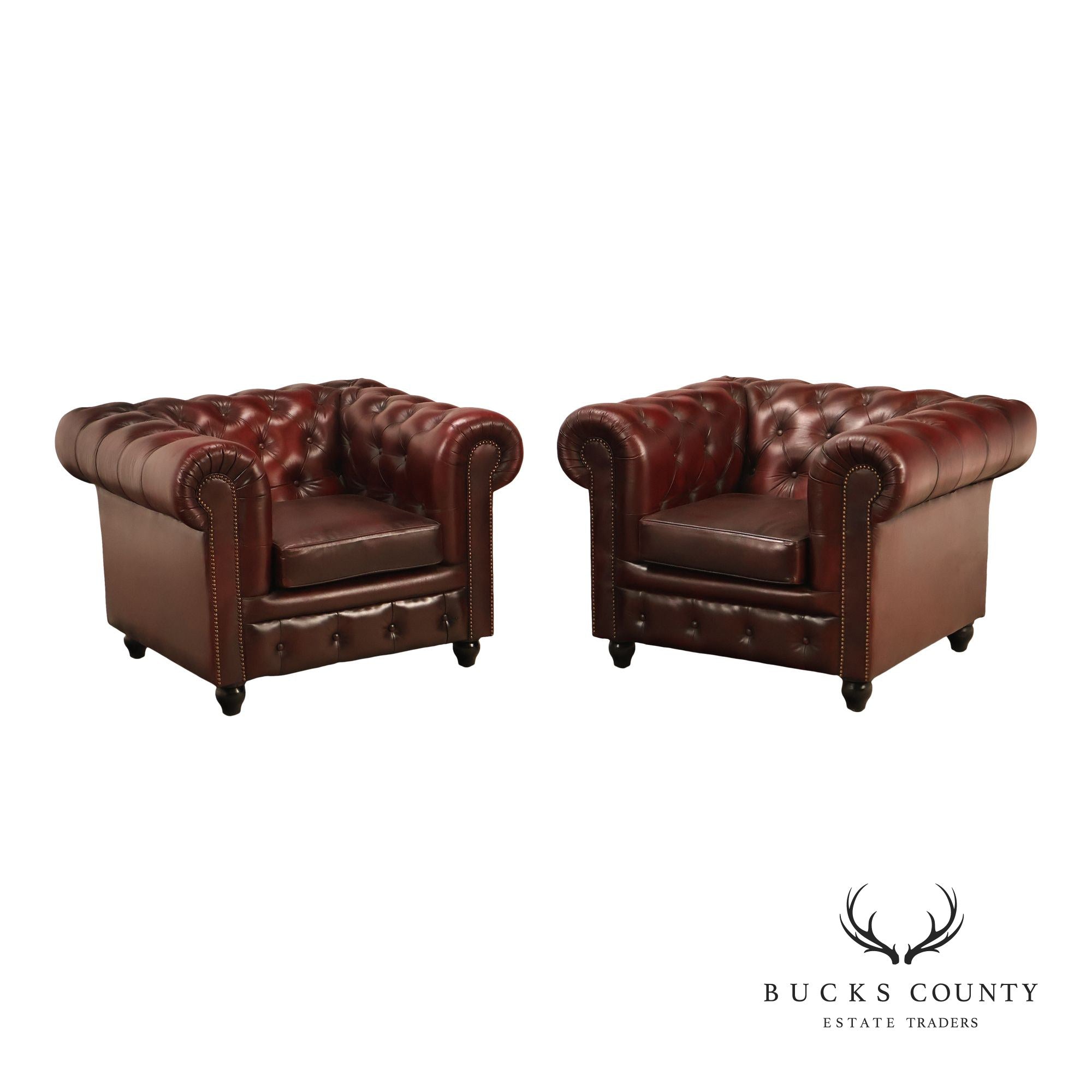 Chesterfield Style Pair of Oxford Red Leather Club Chairs