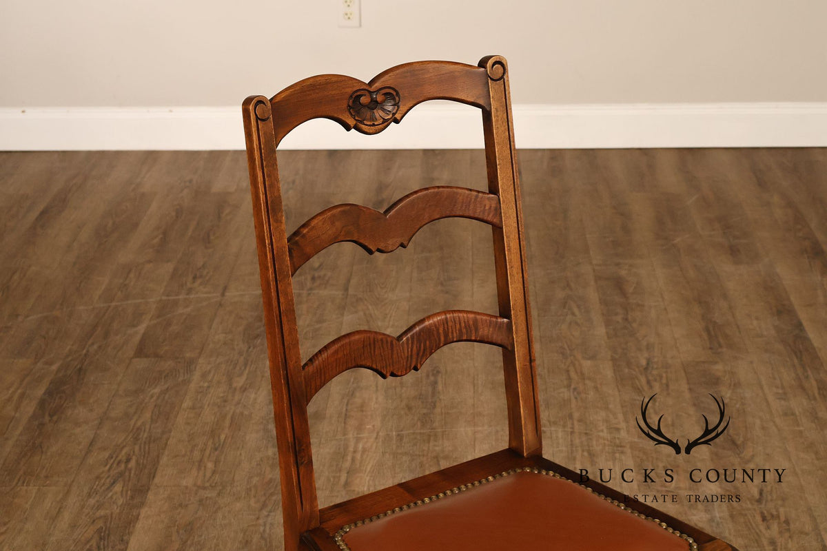 French Country Antique Set Of Eight Walnut And Leather Ladder Back Dining Chairs