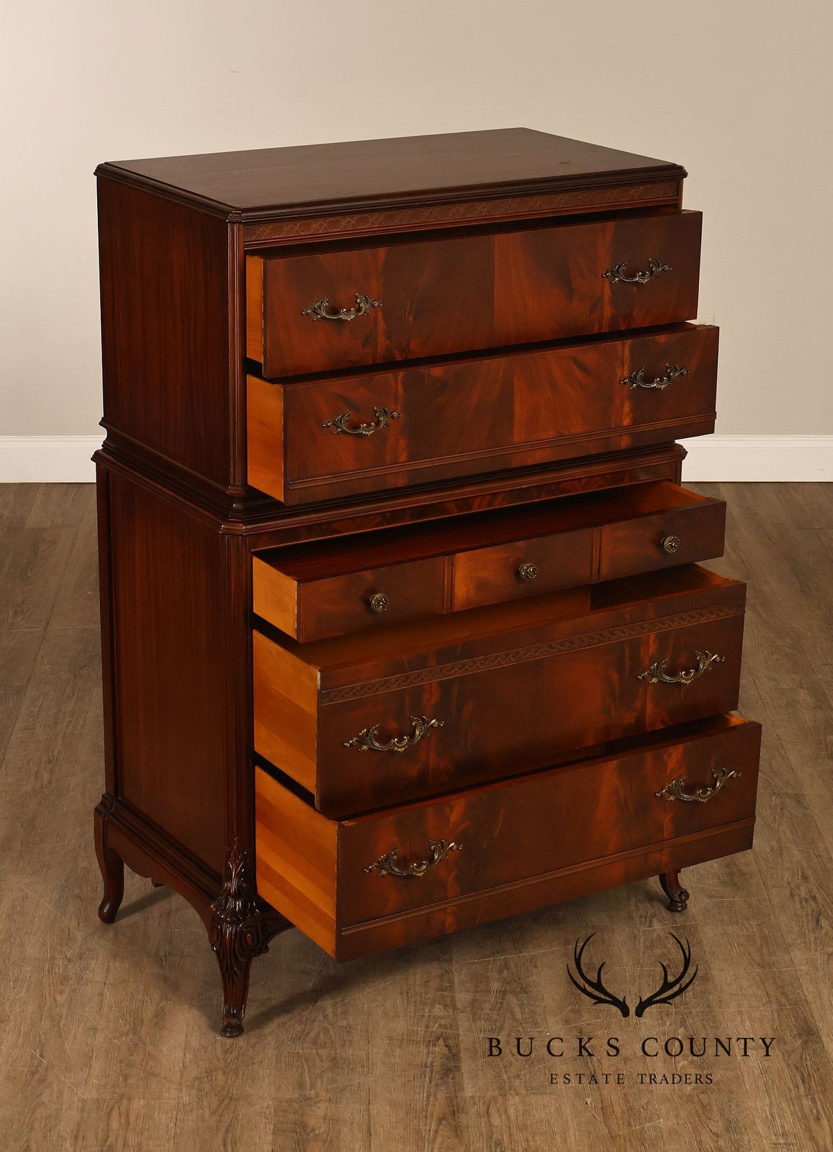 1940’s Flame Mahogany Carved Tall Chest