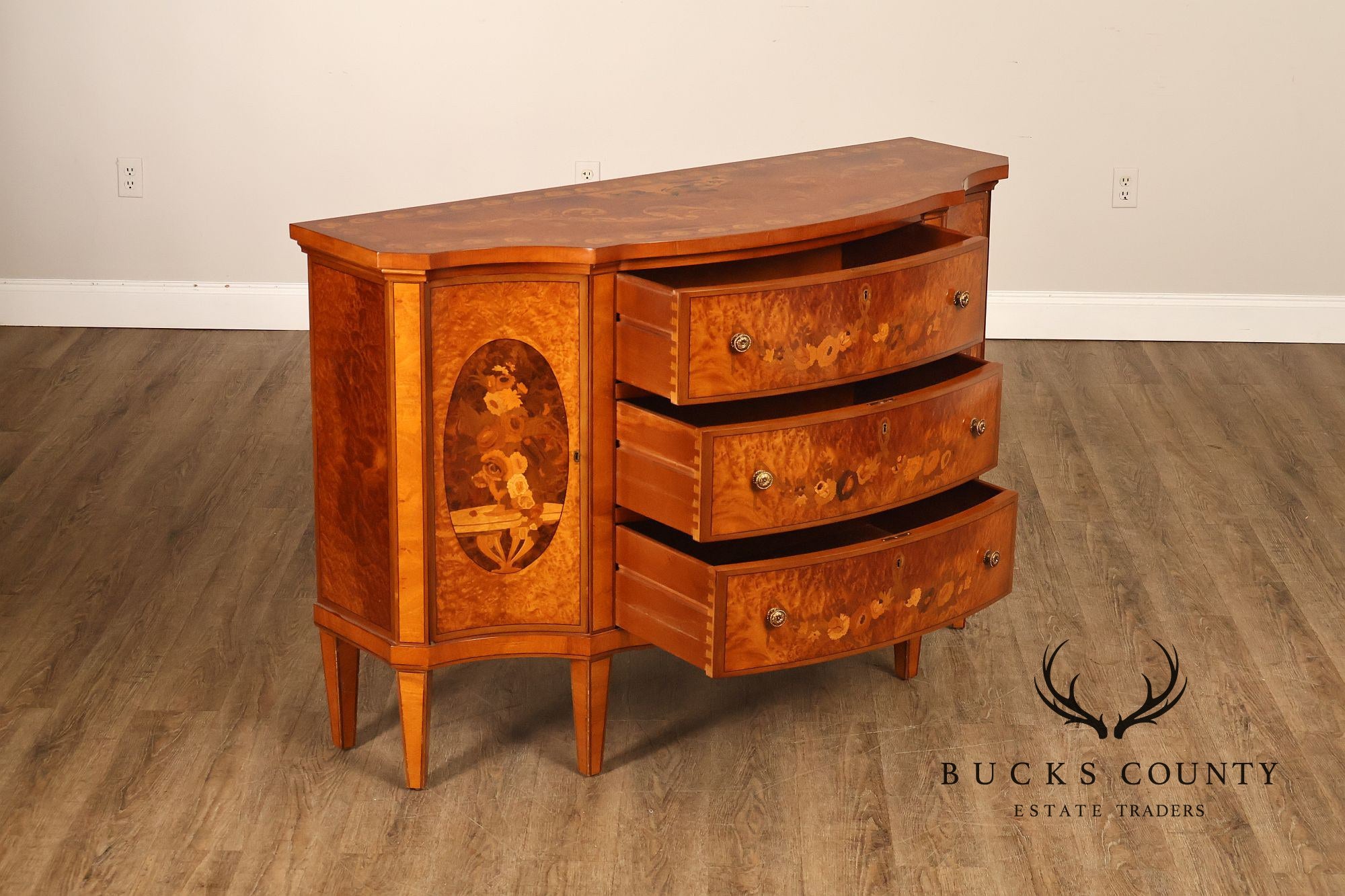 Italian Neoclassical Style Pair of Burl Wood Inlaid Sideboards