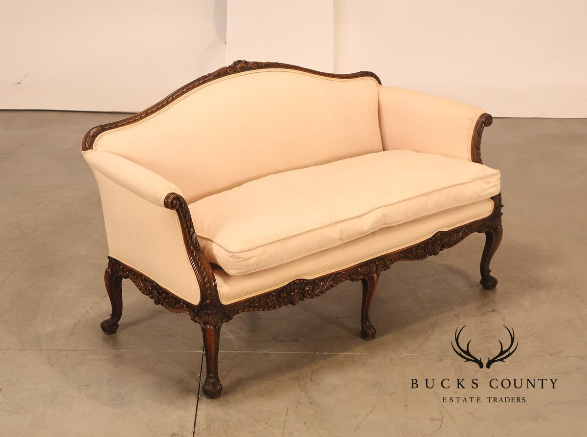 Vintage French Louis XV Style Carved Wood Upholstered Settee With Down Cushion