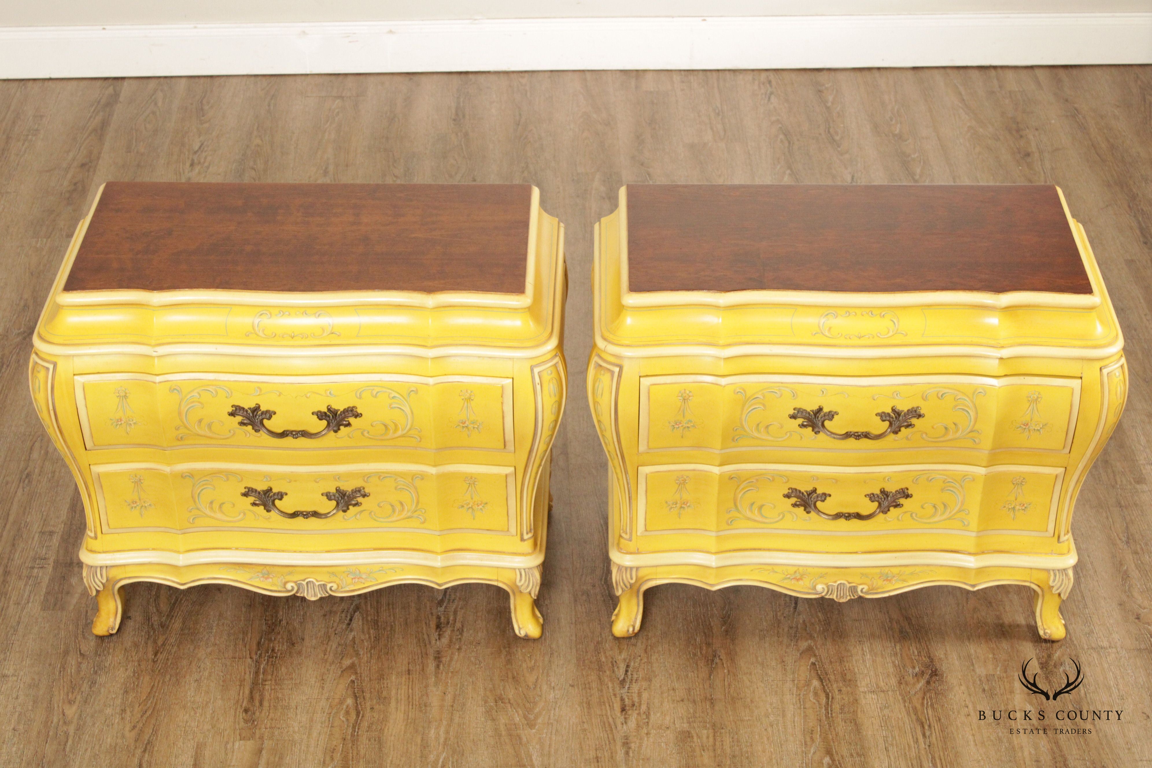 Karges Louis XV Style Pair of Florentine Painted Bombe Chest Nightstands