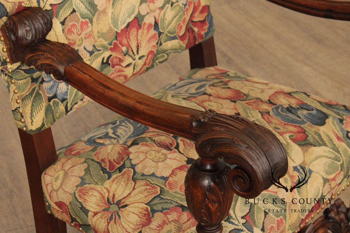 Antique French Baroque Style Carved Walnut Armchair