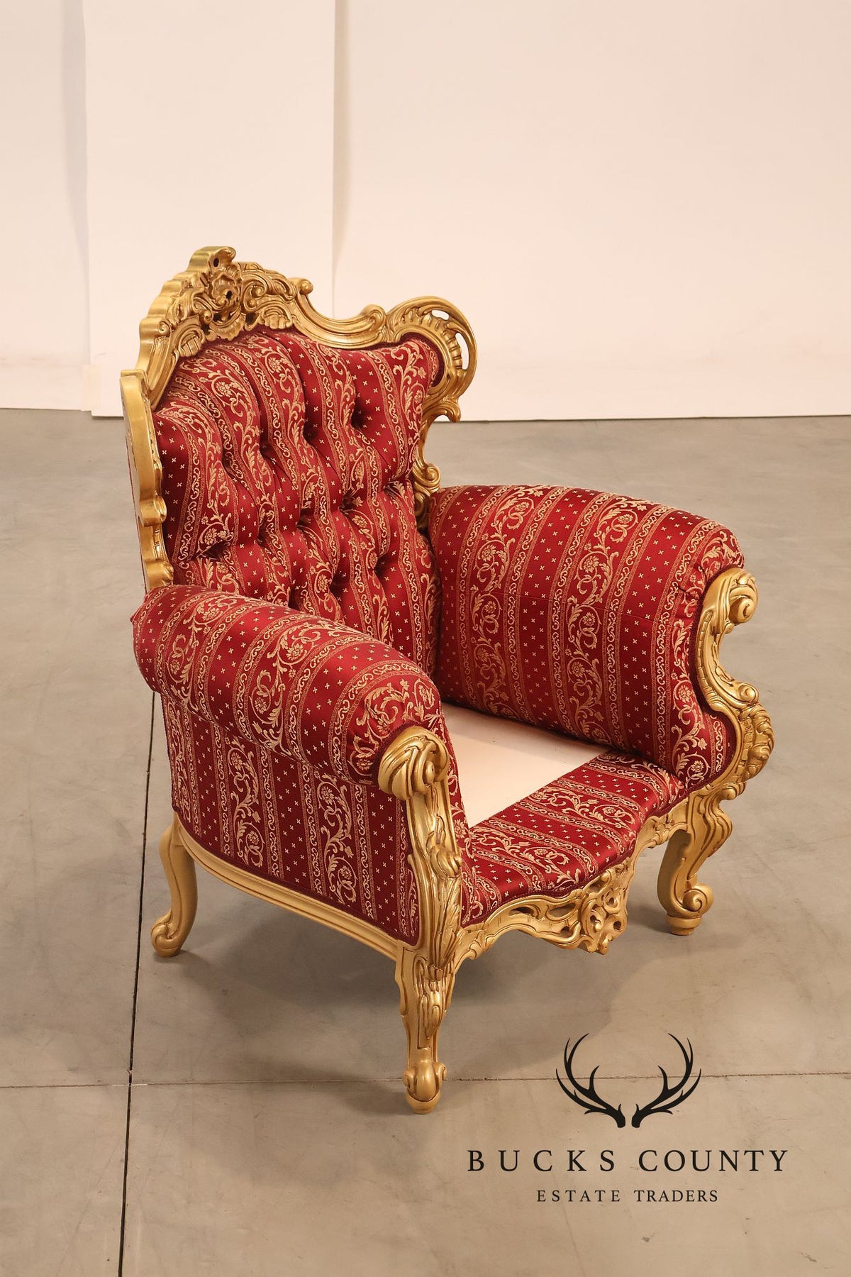 Baroque Style Pair Of Giltwood Armchairs With Red Damask Upholstery