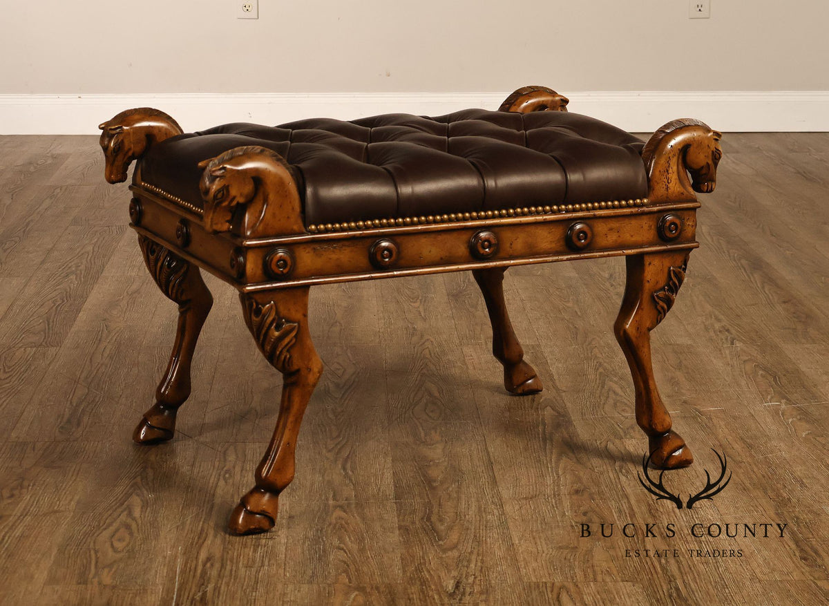Theodore Alexander Regency Style Carved Horse Head Leather Bench