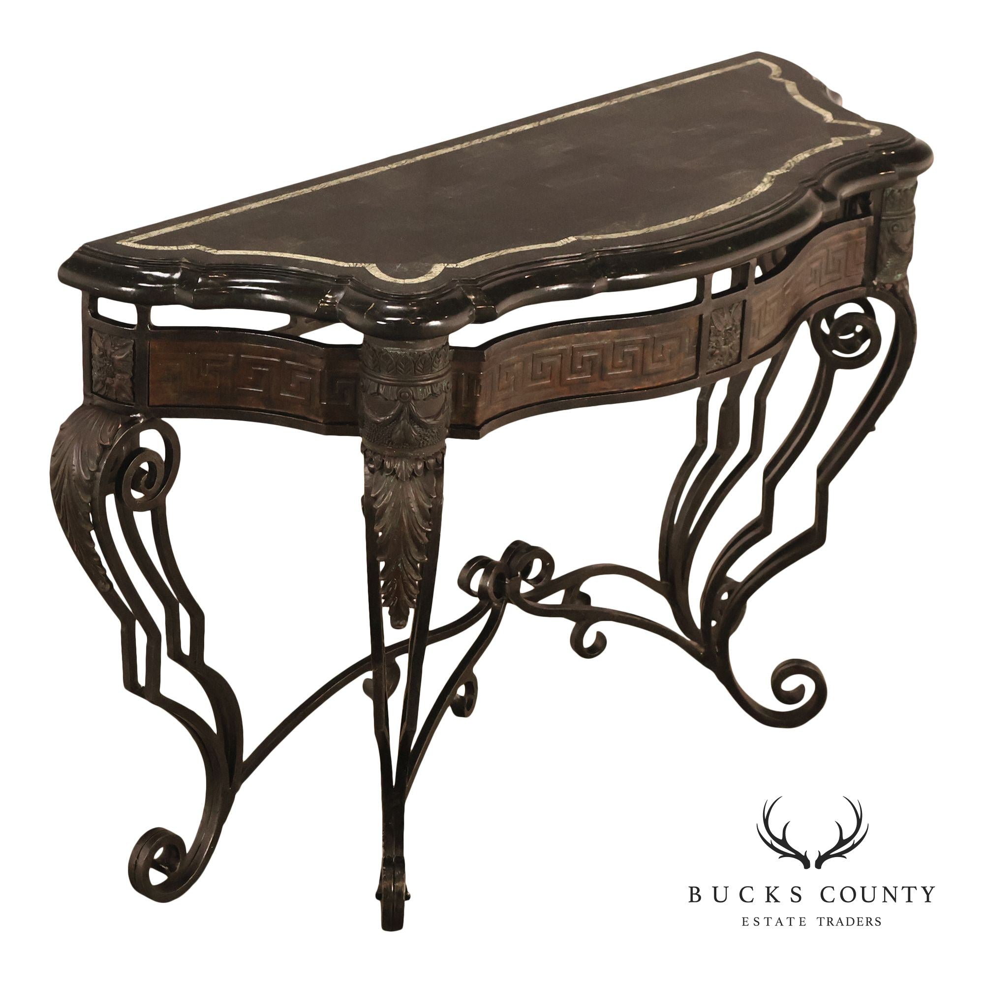 Maitland Smith Greek Key Console Table With Tessellated Marble Top