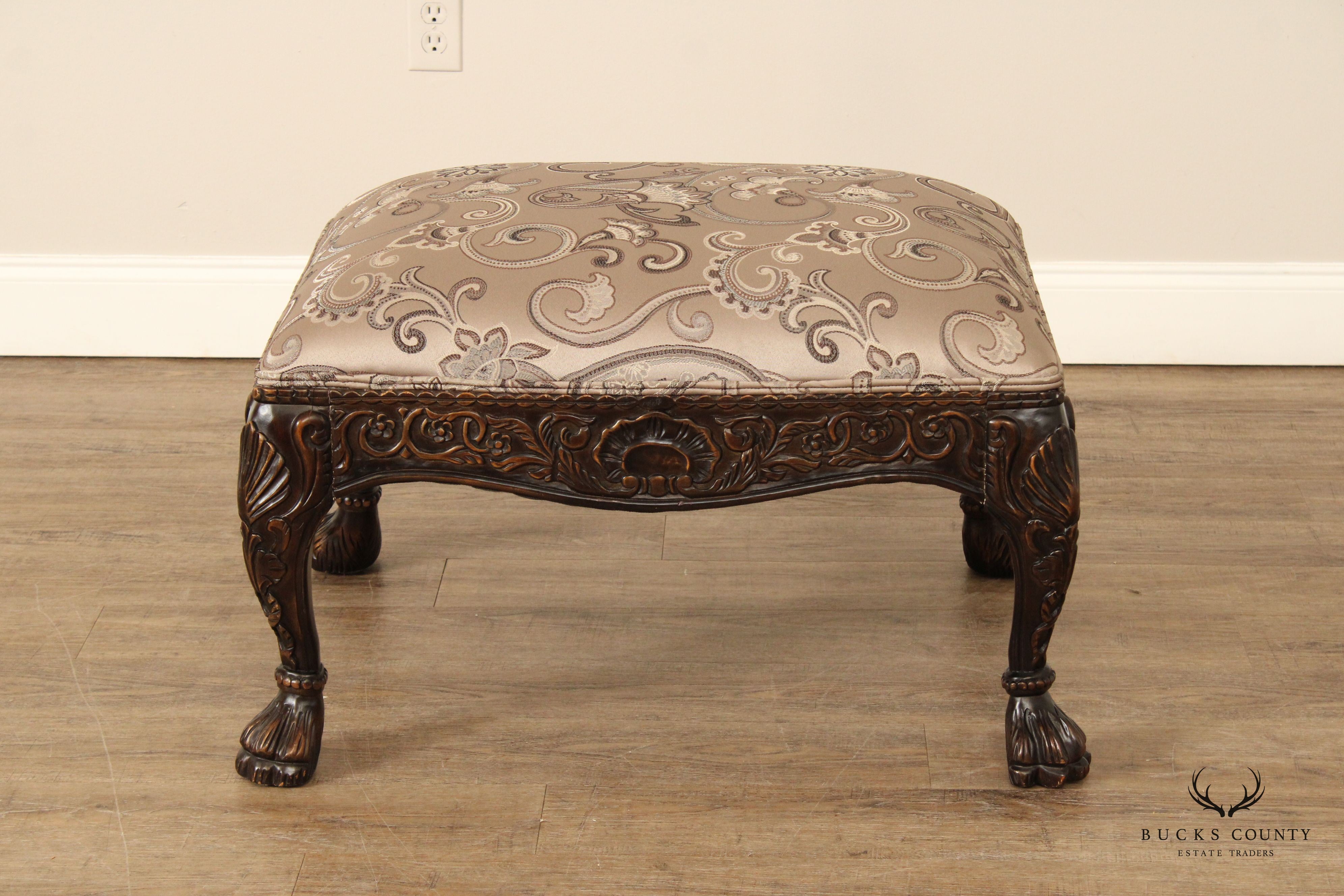 Modern Georgian Style Wide Seat Pair Of Carved Frame Custom Upholstered Armchairs With Ottoman