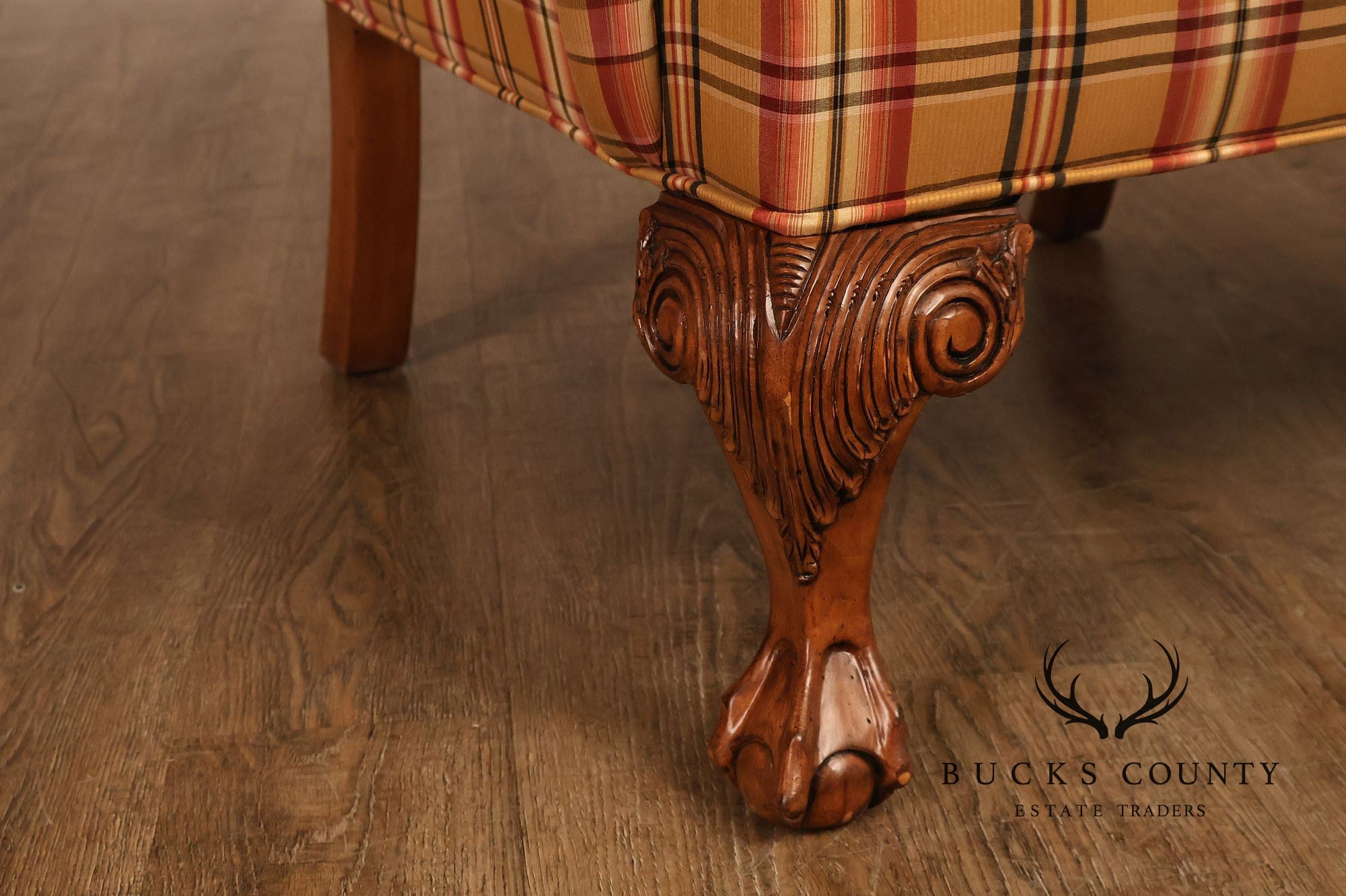 Ethan Allen Chippendale Style Plaid Upholstered Wing Chair