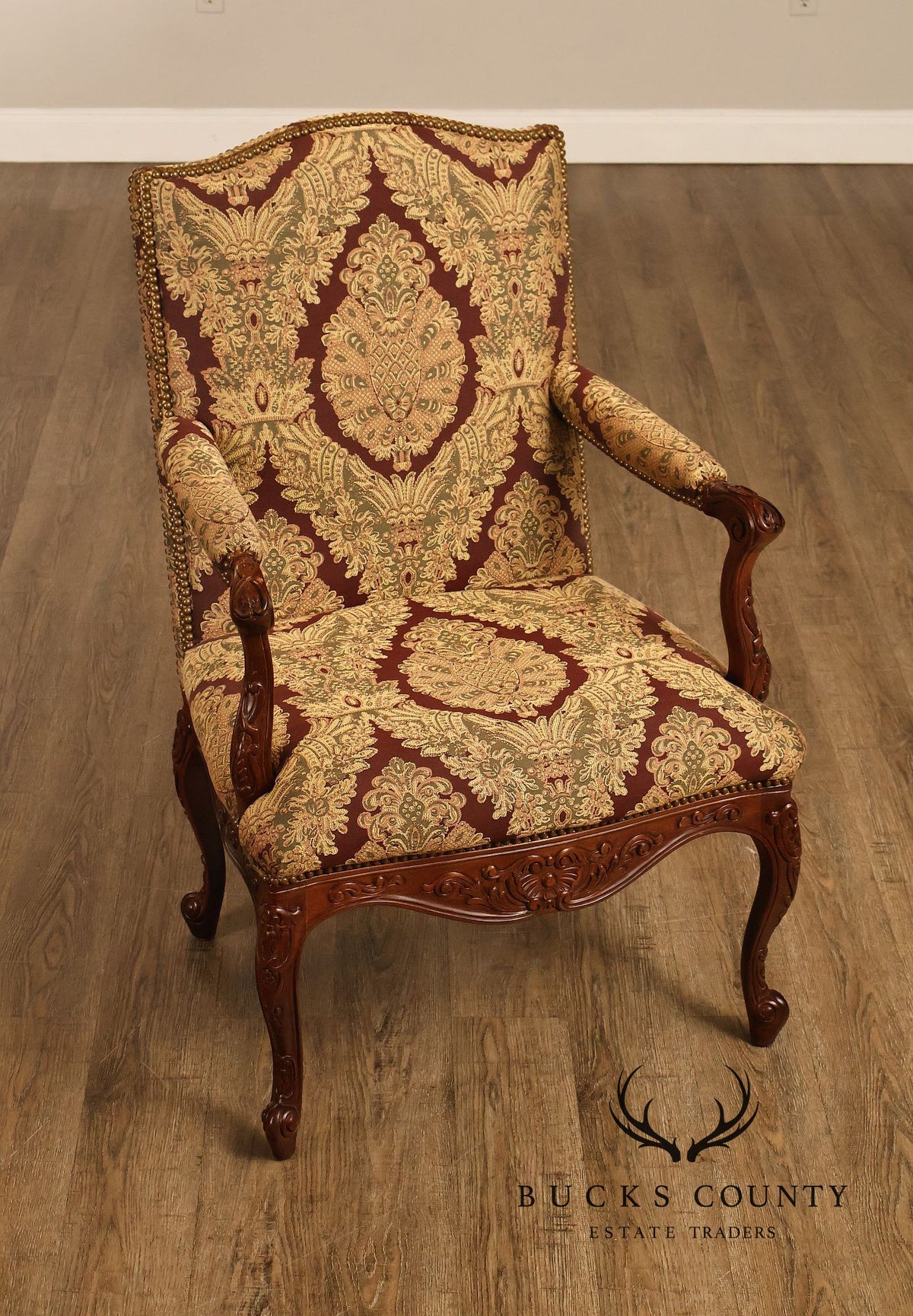 French Louis XV Style Carved Wood Upholstered Armchair