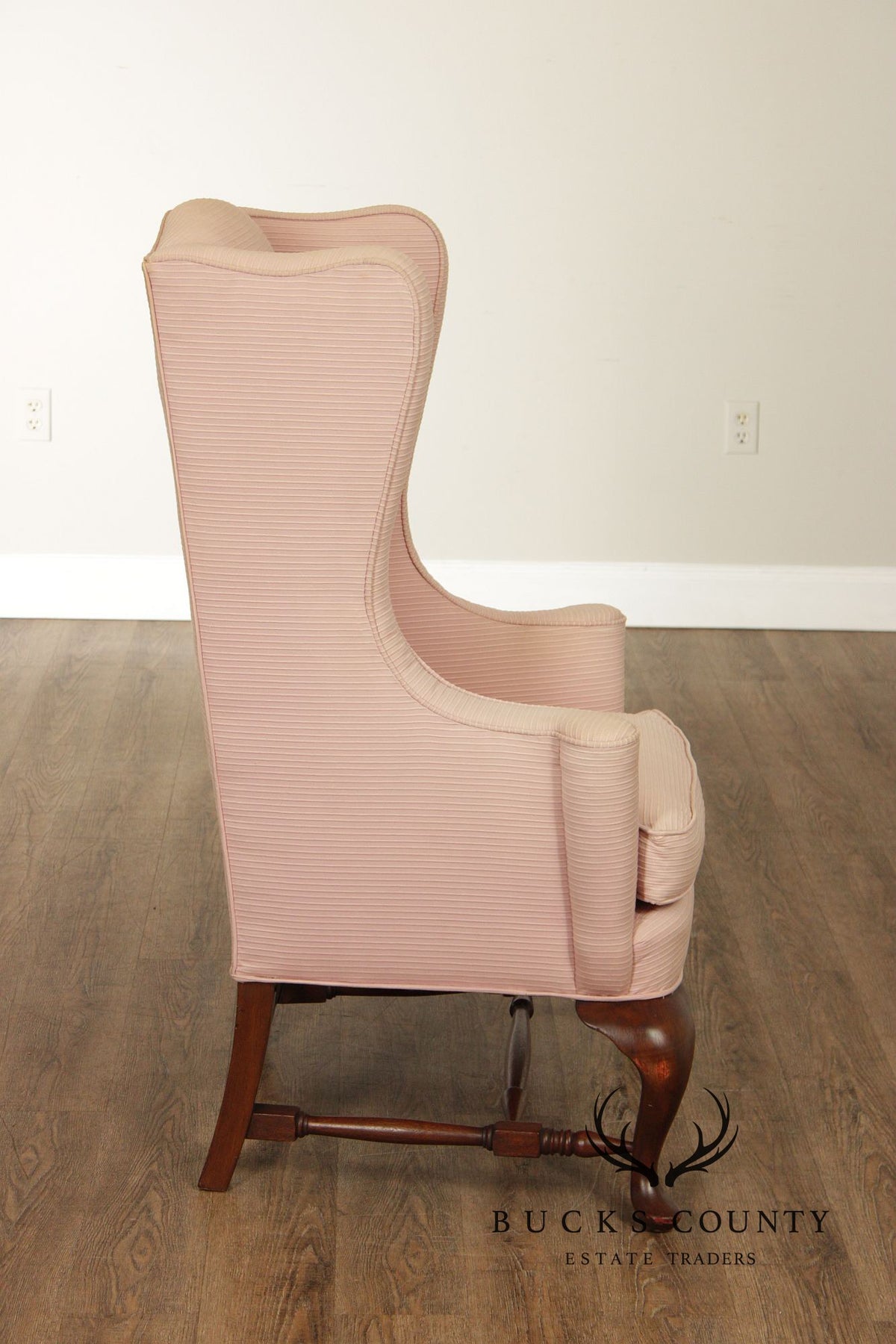 Custom Quality Vintage Pink Upholstered Wingback Chair With Cabriole Legs