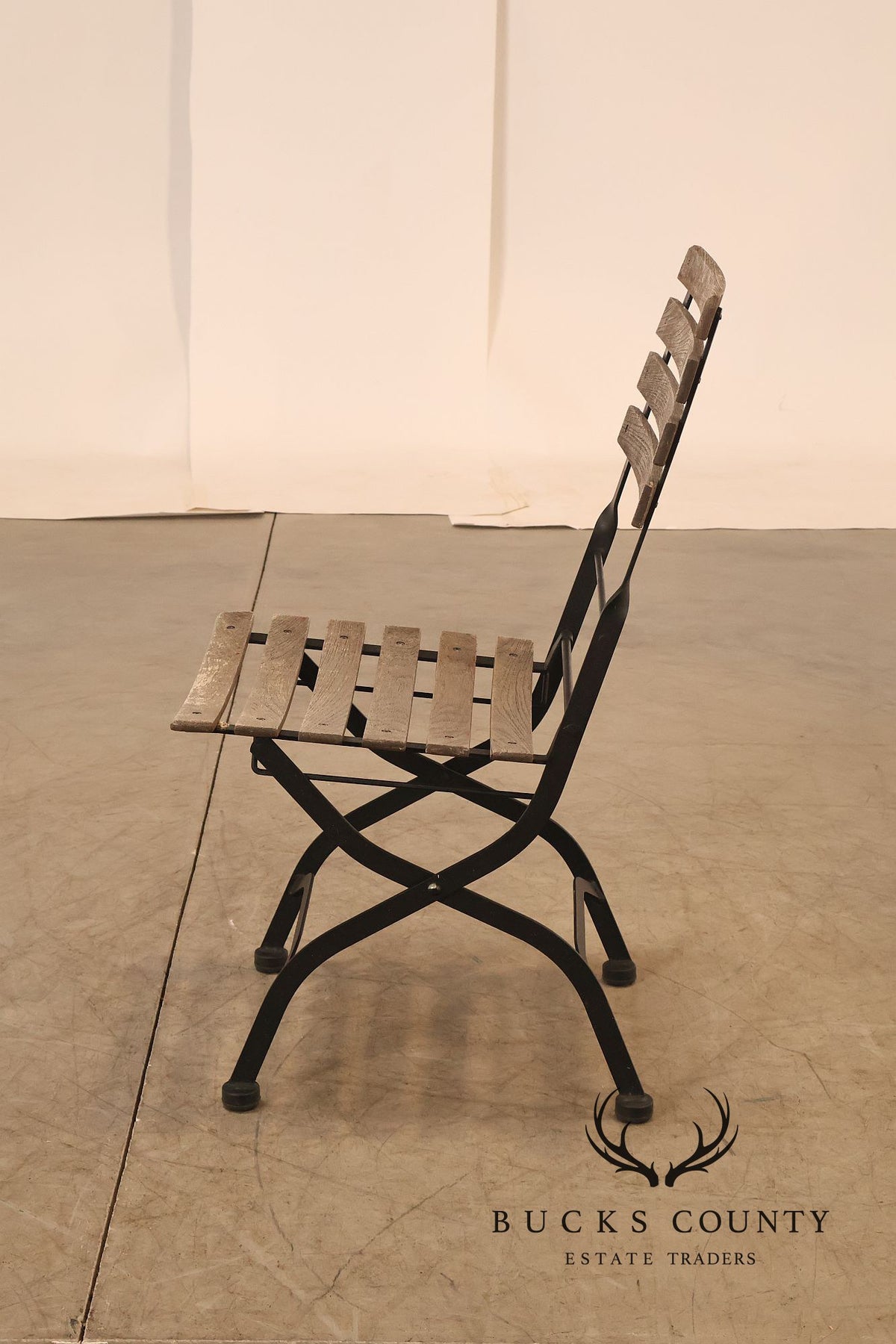 French Style Set of Four Teak and Wrought Iron Bistro Chairs