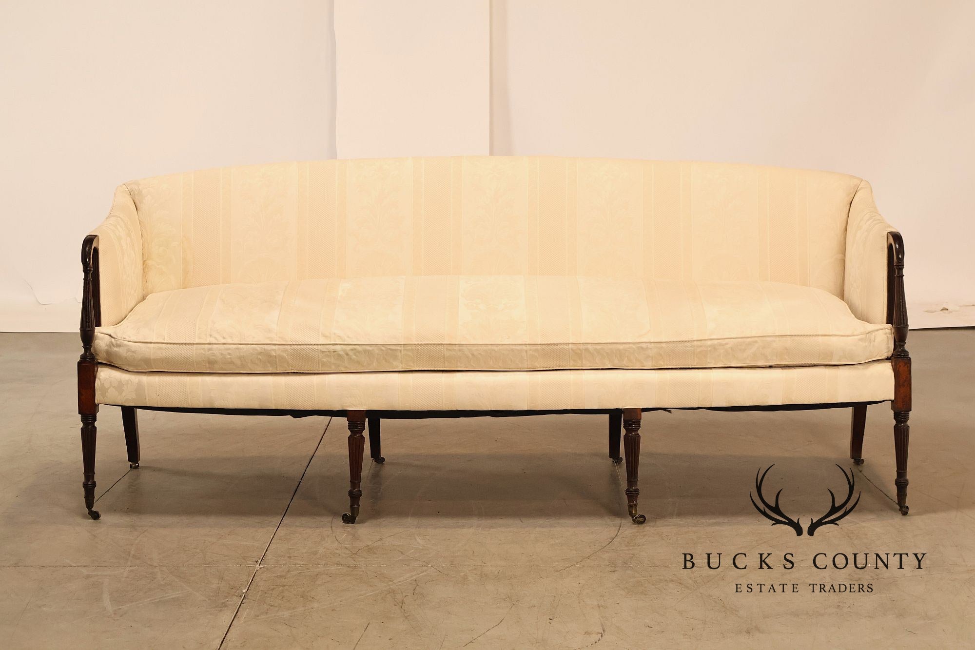 Antique Sheraton Style Mahogany Camelback Upholstered Sofa