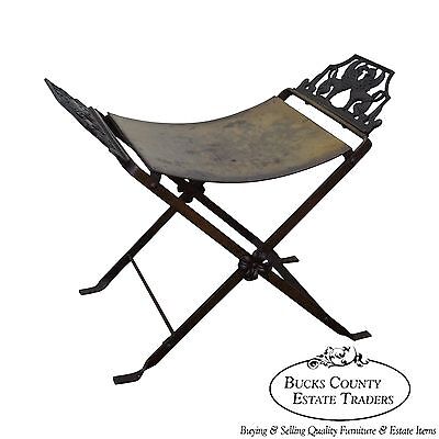 Antique Oscar Bach Style Iron X Base Bench Stool w/ Winged Griffins