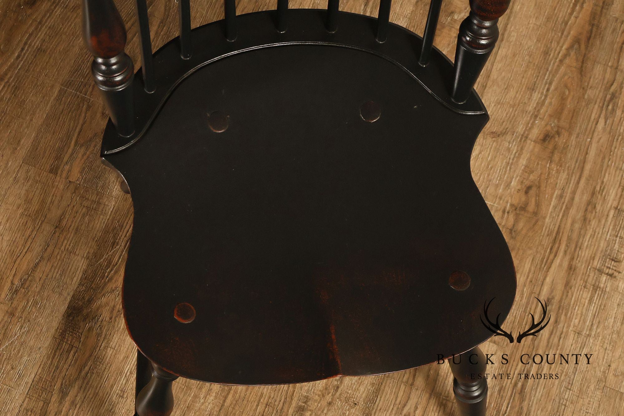 Custom Set Of Four Black Over Red Painted Fan Back Windsor Dining Chairs