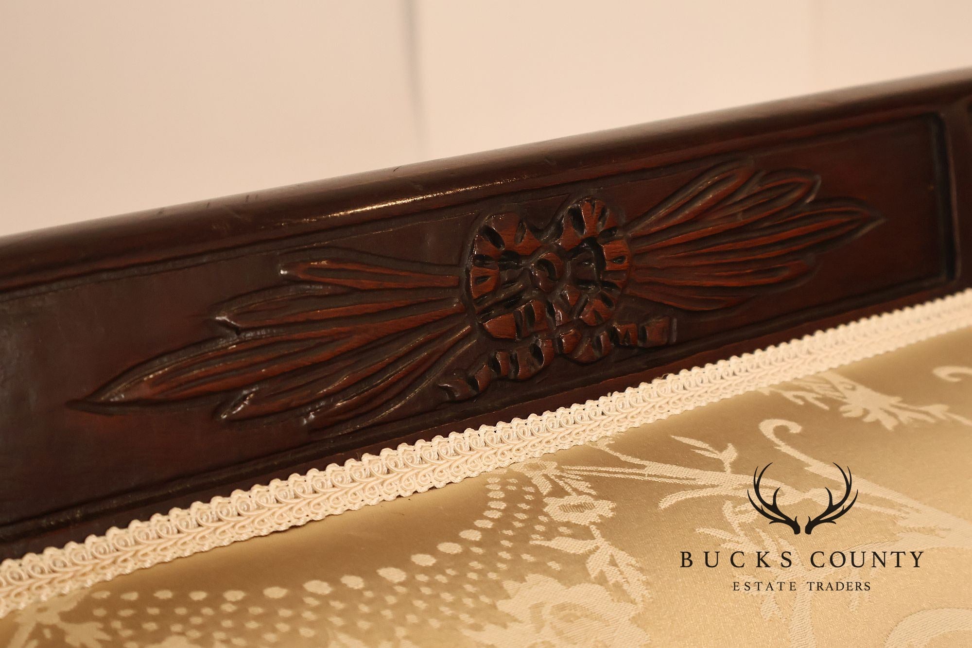 Federal Sheraton Style Upholstered Sofa With Carved Wood Frame