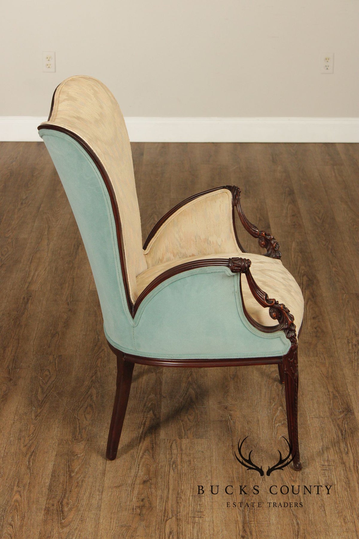 Vintage Mahogany Carved Fireside Armchair With Two-Tone Upholstery