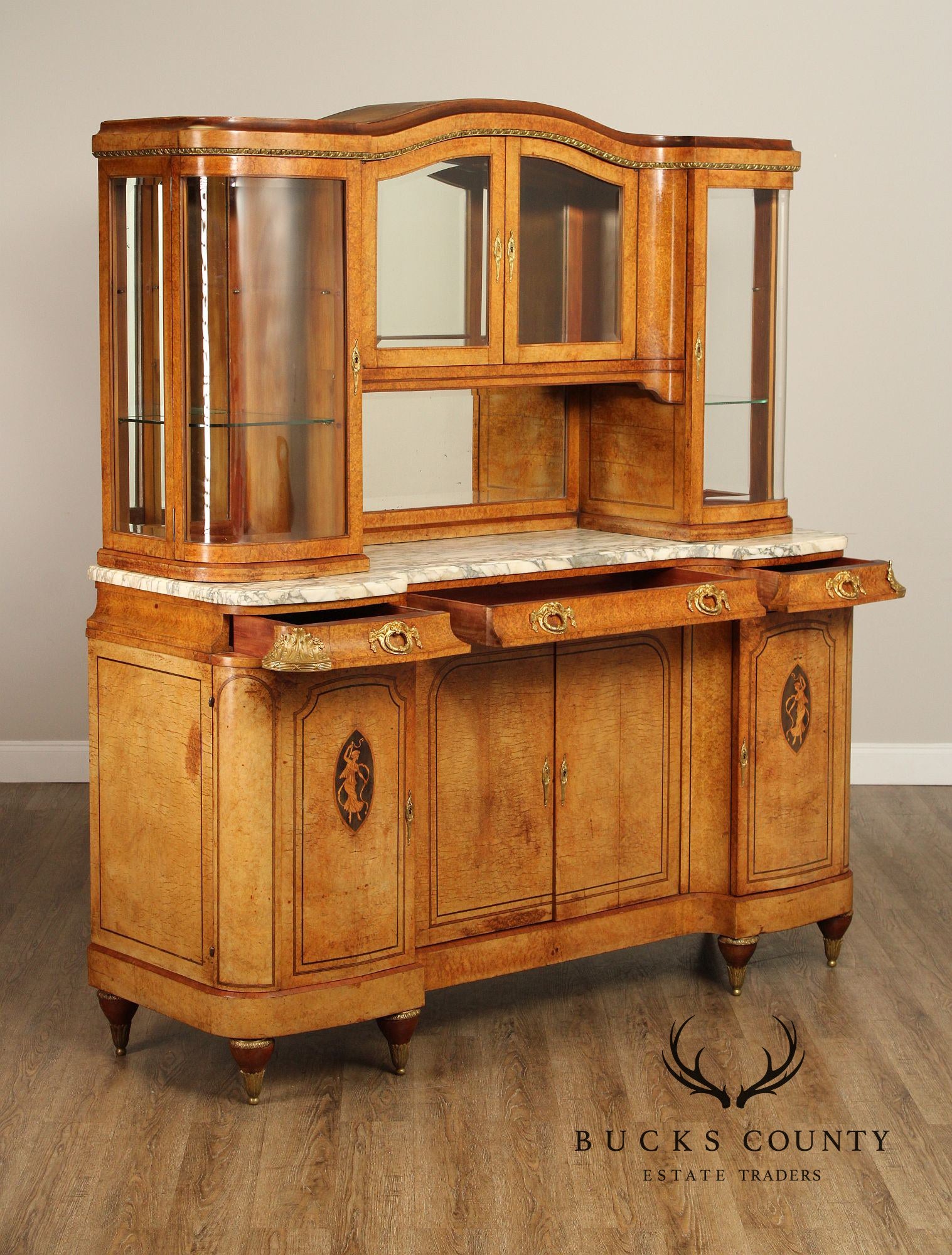 Antique French Louis XVI Style Burl Walnut Marble Top Buffet Hutch