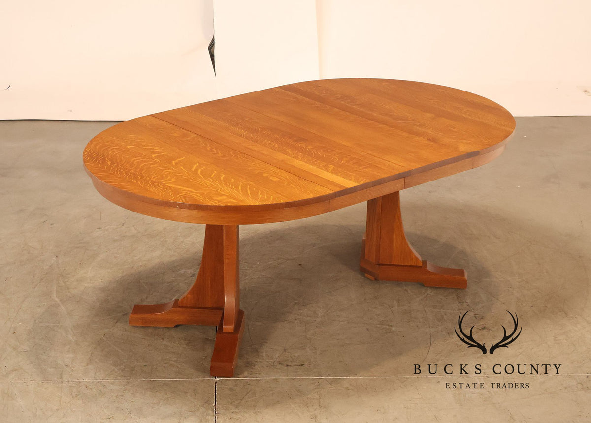 Stickley Mission Collection Round Oak Pedestal Dining Table With Two Leaves