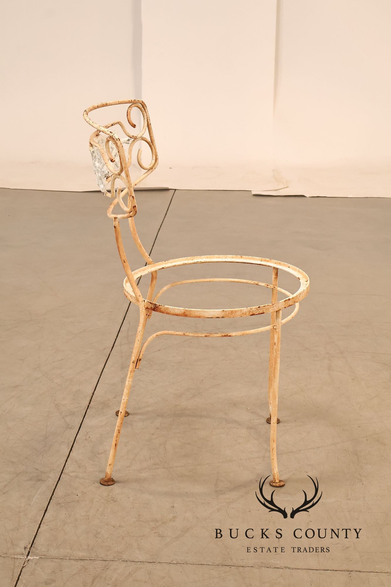 Painted Wrought Iron Set Of Three Garden Chairs With Decorative Backs