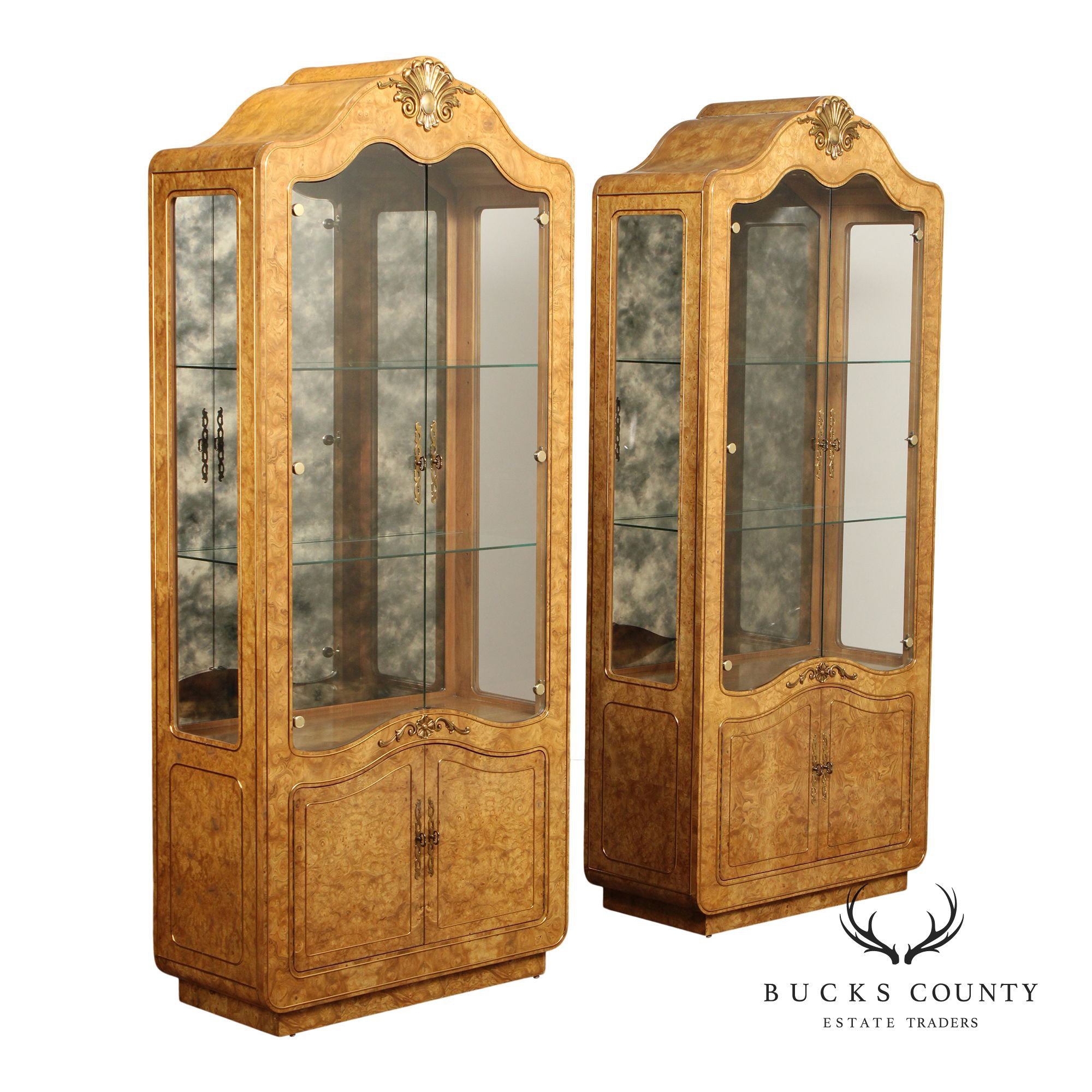 Mastercraft French Style Pair Of Burl Wood Display Cabinets