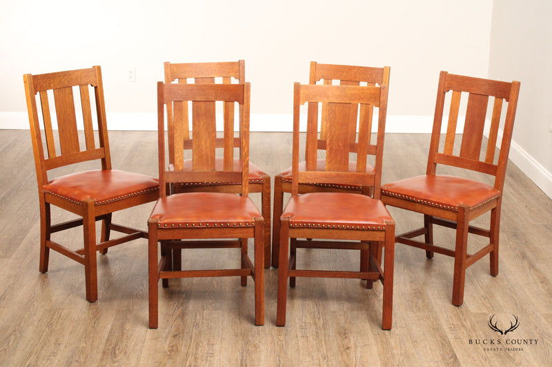 Set of Six Mission Oak and Leather Dining Chairs