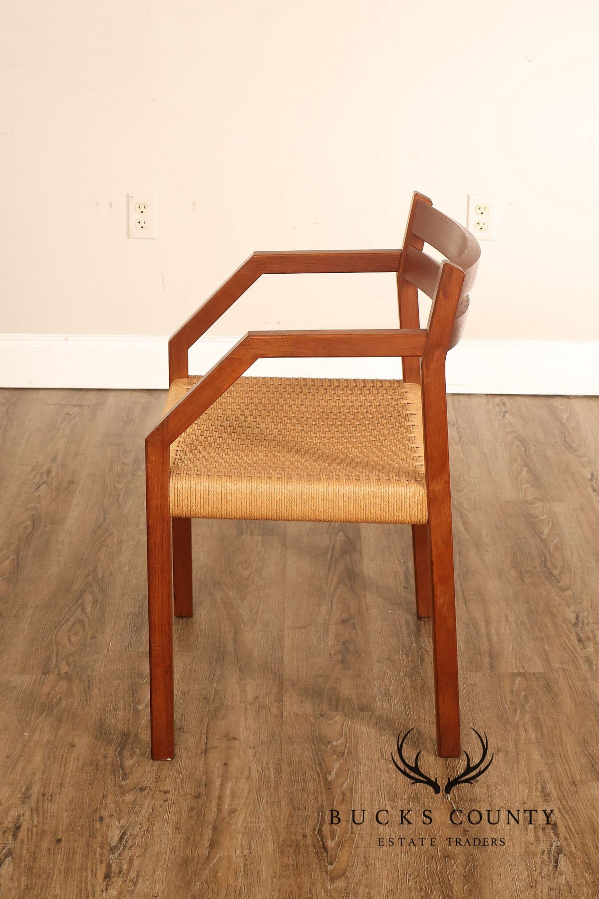Mid-Century Modern Teak Armchair With Woven Rush Seat