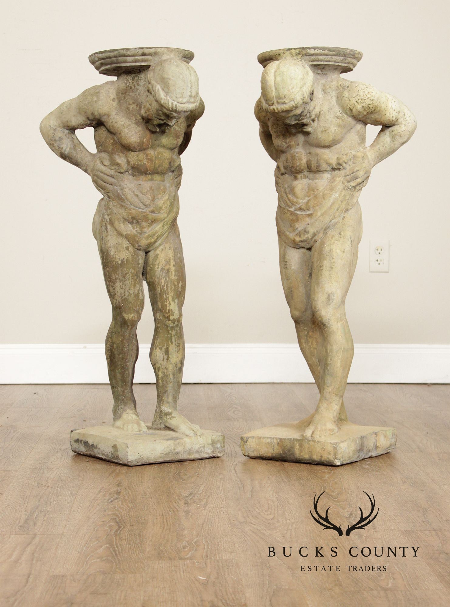 Cast Stone Vintage Pair Of 'Hercules' Figural Garden Statue Pedestals