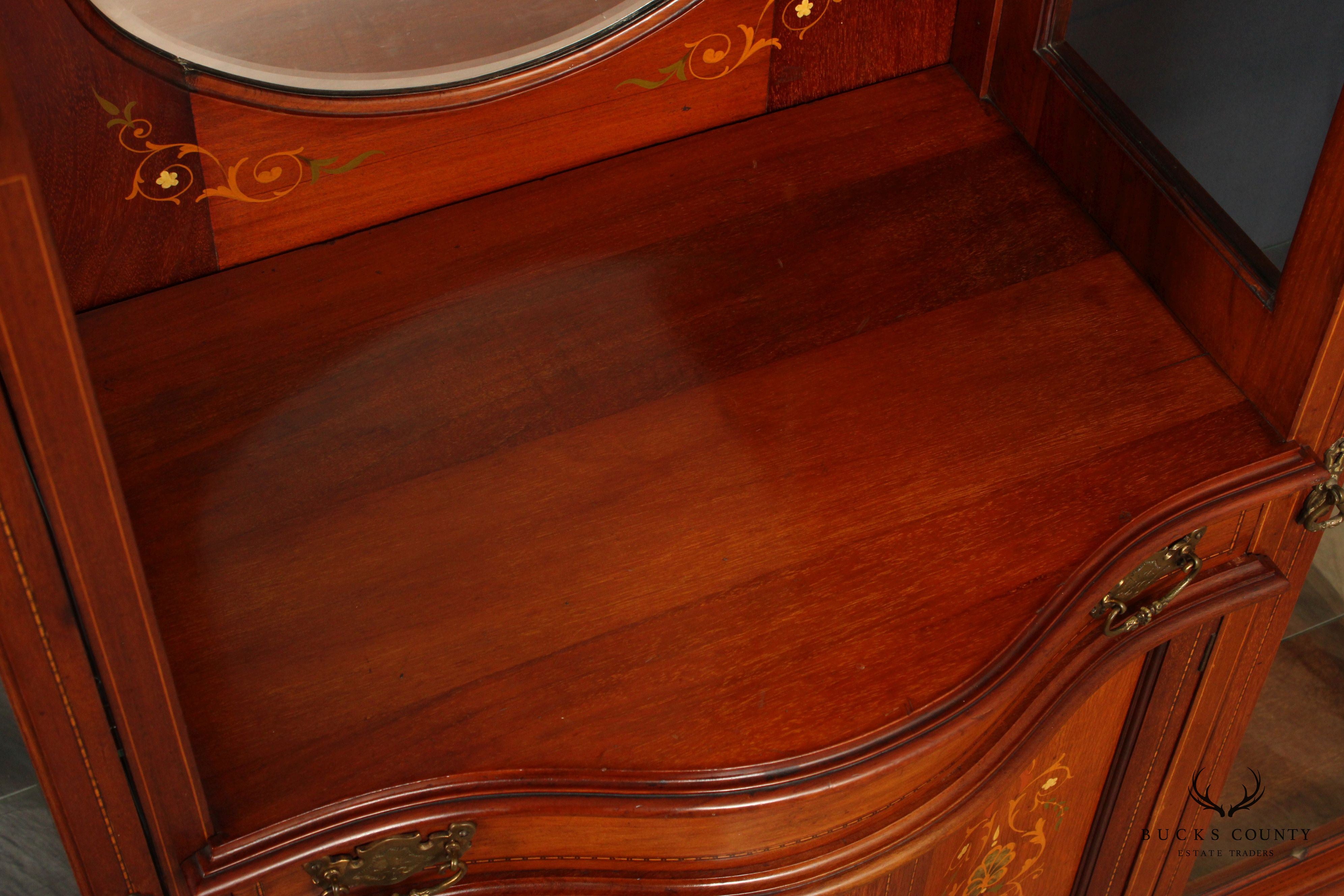 Antique Edwardian Mahogany Carved and Inlaid Double Display Etagere Cabinet