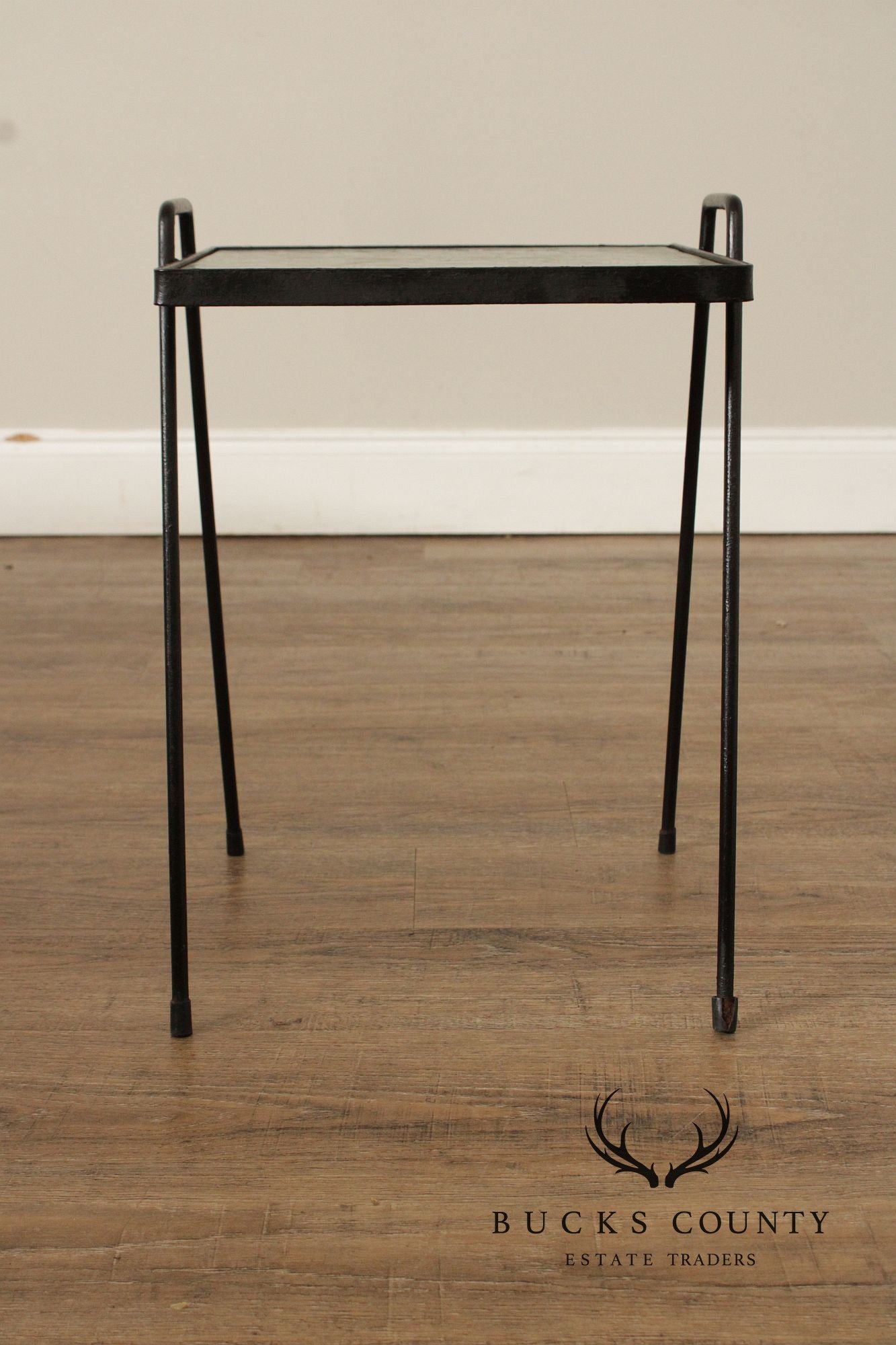 Mid Century Modern Pair of Wrought Iron Tile Top Tray Tables