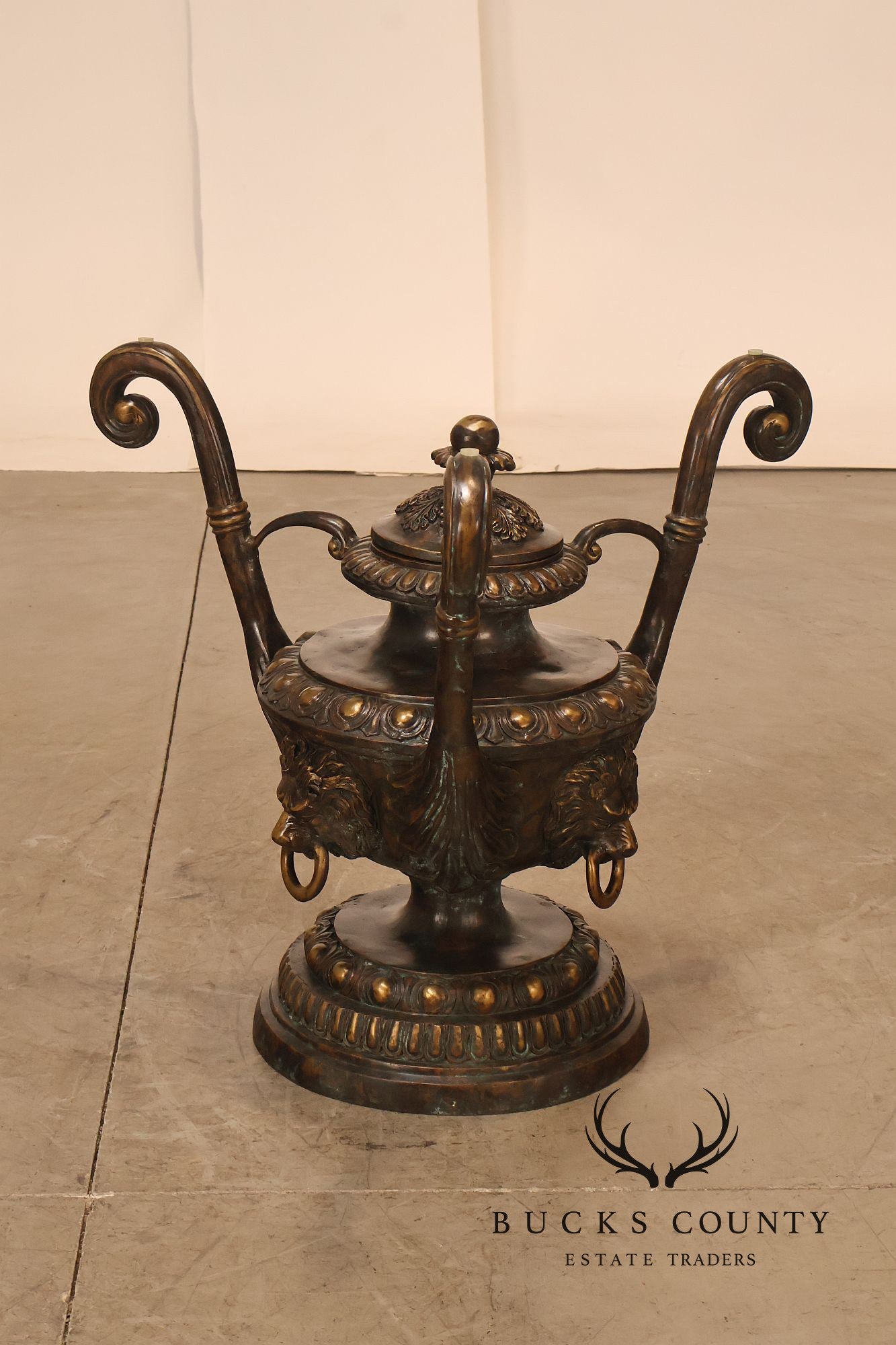 Monumental Brass Urn Form  Double Pedestal Glass Top Dining Table