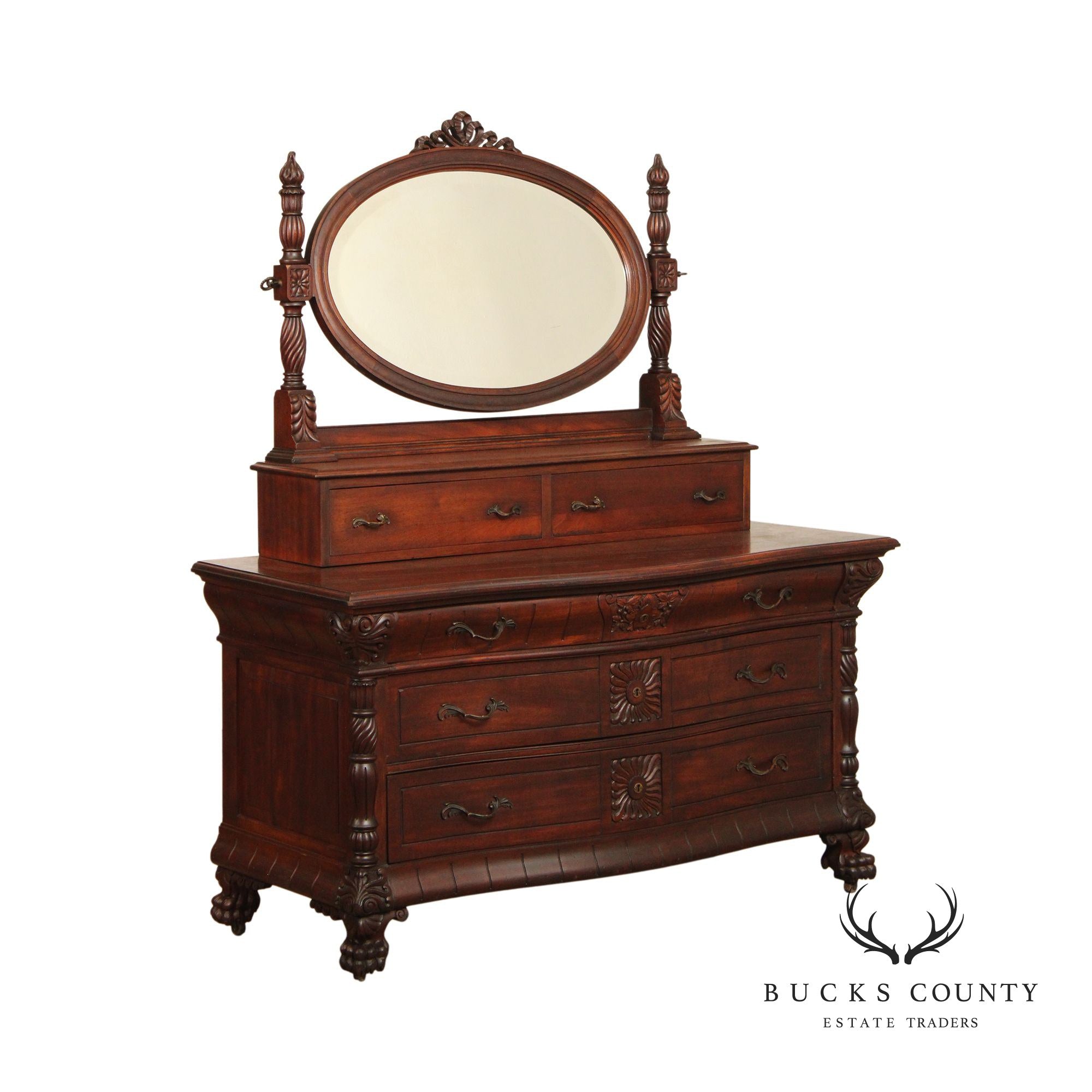 American Victorian Carved Mahogany Dresser With Mirror